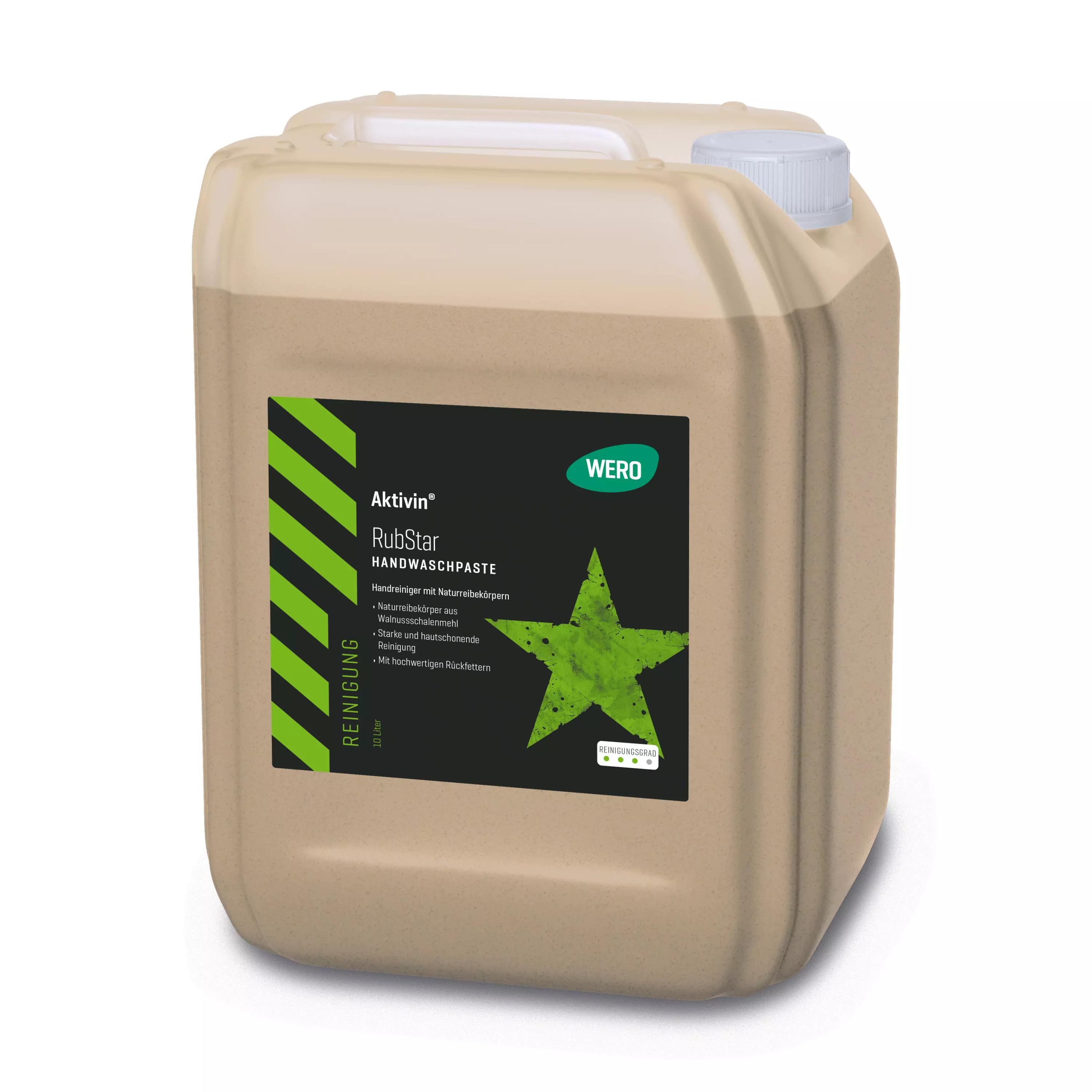 Ein beige Kanister Hautreinigung Aktivin® RubStar mit weißem Pumpspender, schwarzem Label und grünem Stern, 10 Liter Handwaschpaste.
