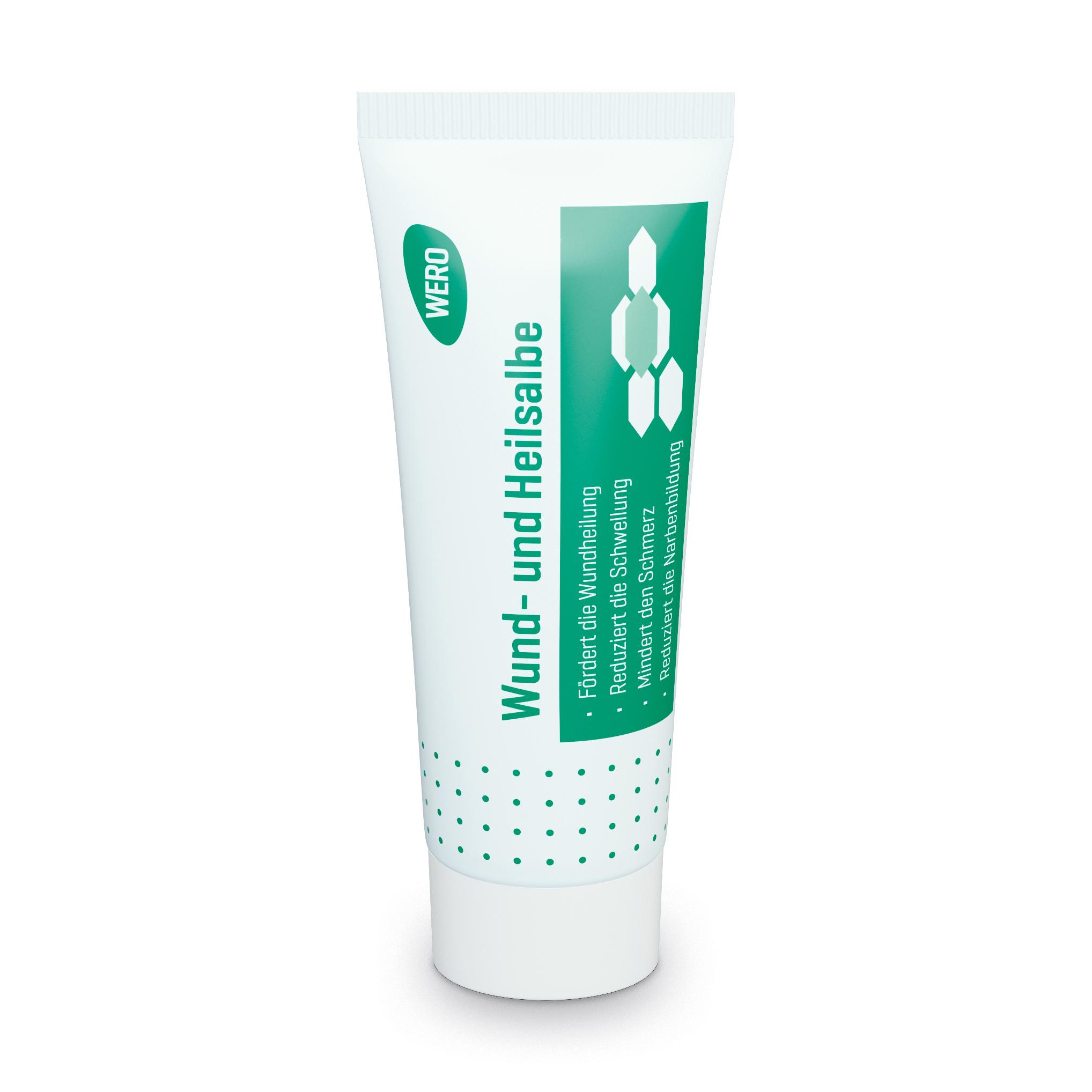 WERO Wund- und Heilsalbe Tube mit grün-weißer Aufschrift, geeignet zur Reduktion von Schorf, Narbenbildung und Schwellungen.
