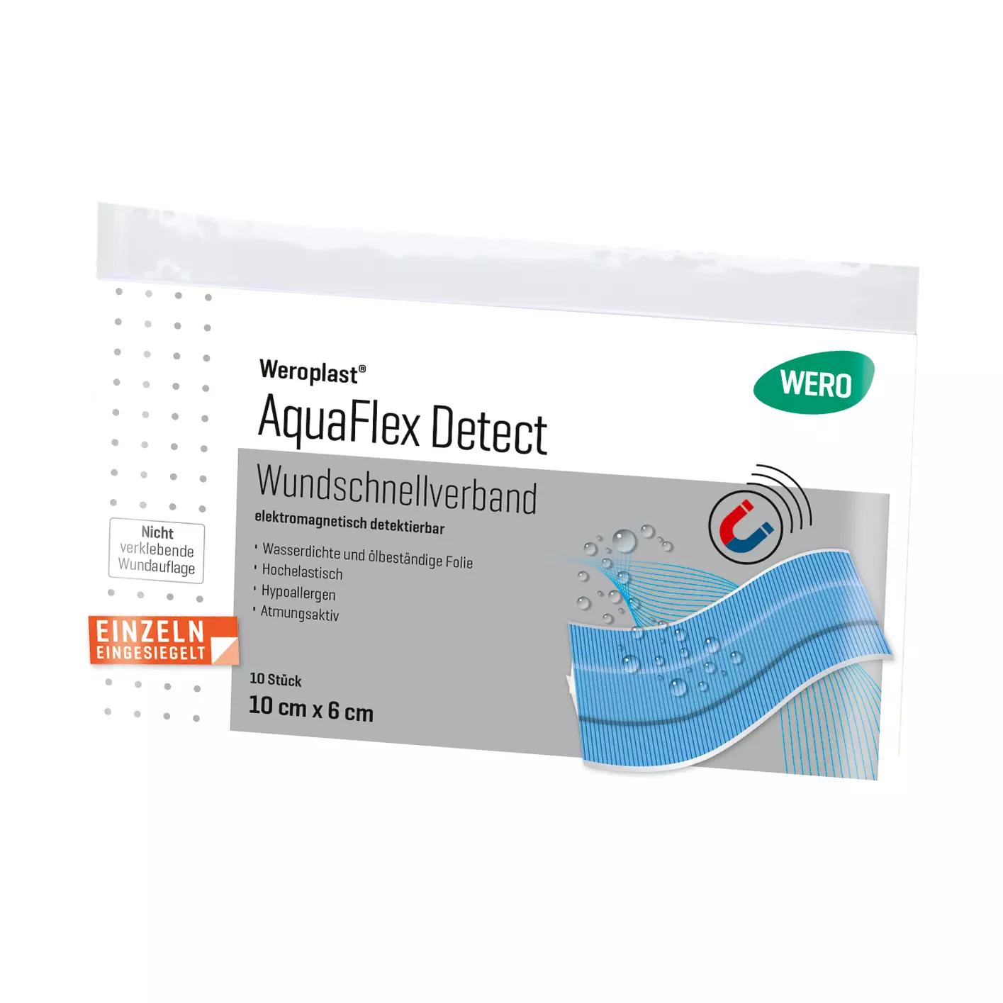 Eine weiße Verpackung von Weroplast® AquaFlex Detect Wundschnellverband mit wasserfester, blauer Detektierpflaster-Illustration und WERO-Logo.