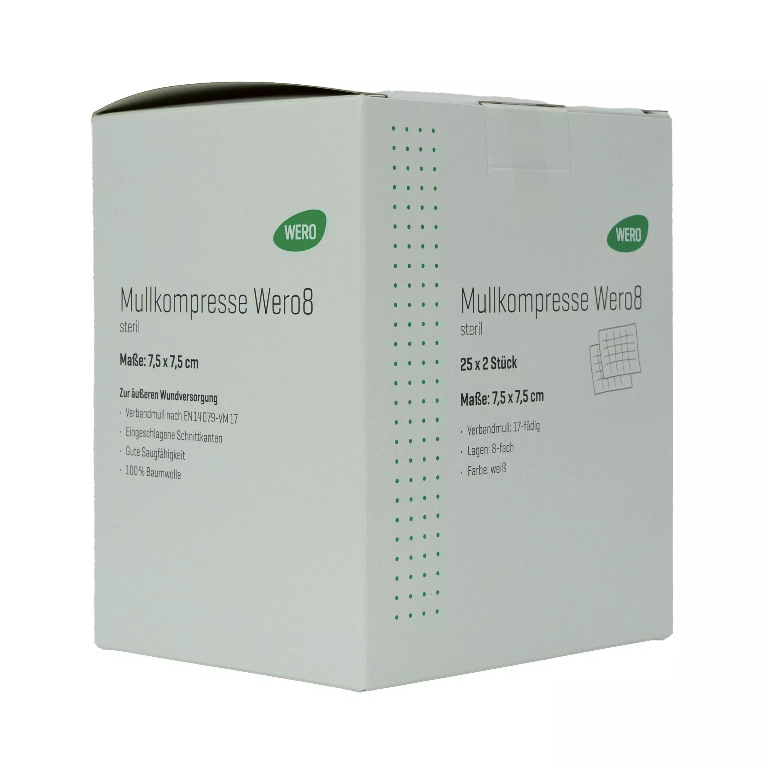 Weiße Schachtel Mullkompresse Wero8, 7,5 x 7,5 cm, steril, 100 % Baumwolle, klare Hersteller- und Produktangaben aufgedruckt.