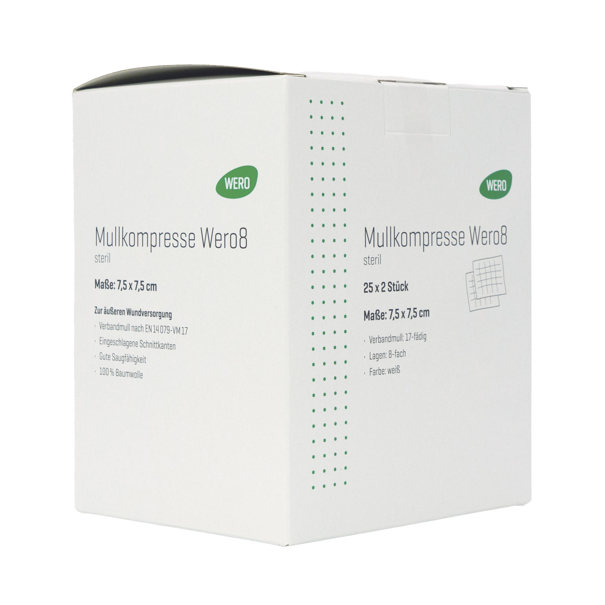 Weiße Schachtel Mullkompresse Wero8, 7,5 x 7,5 cm, steril, 100 % Baumwolle, klare Hersteller- und Produktangaben aufgedruckt.