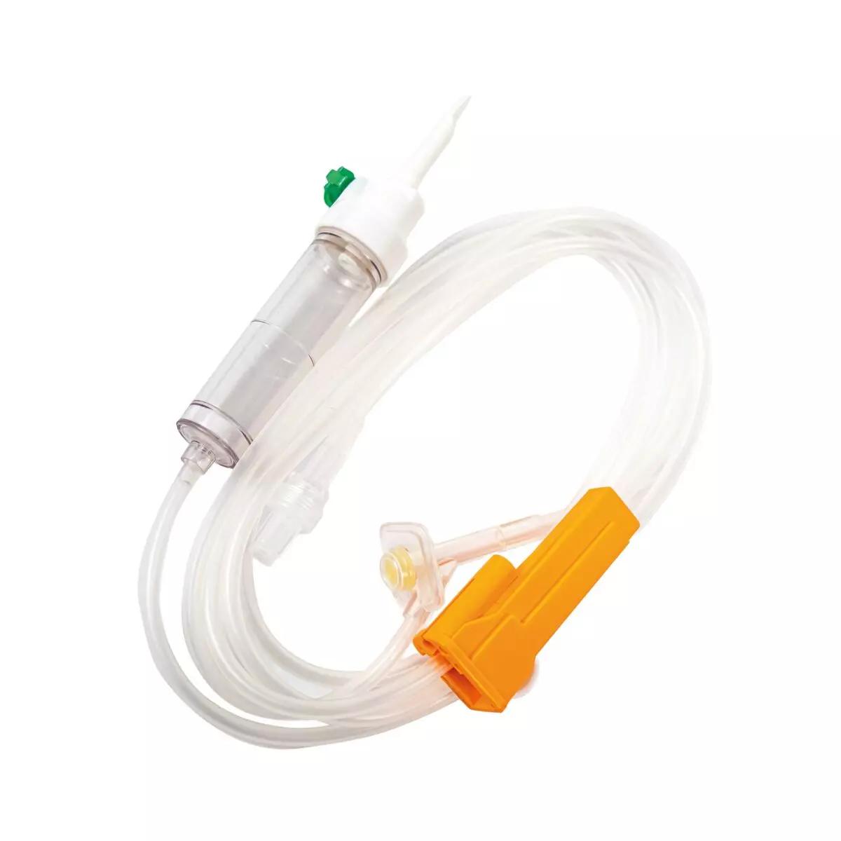 Infusionsgerät DIN 58362, Luer-Lock mit verschließbarer Belüftung, horizontal angeschlossen an Adapter und transparenter Infusionsbeutel.