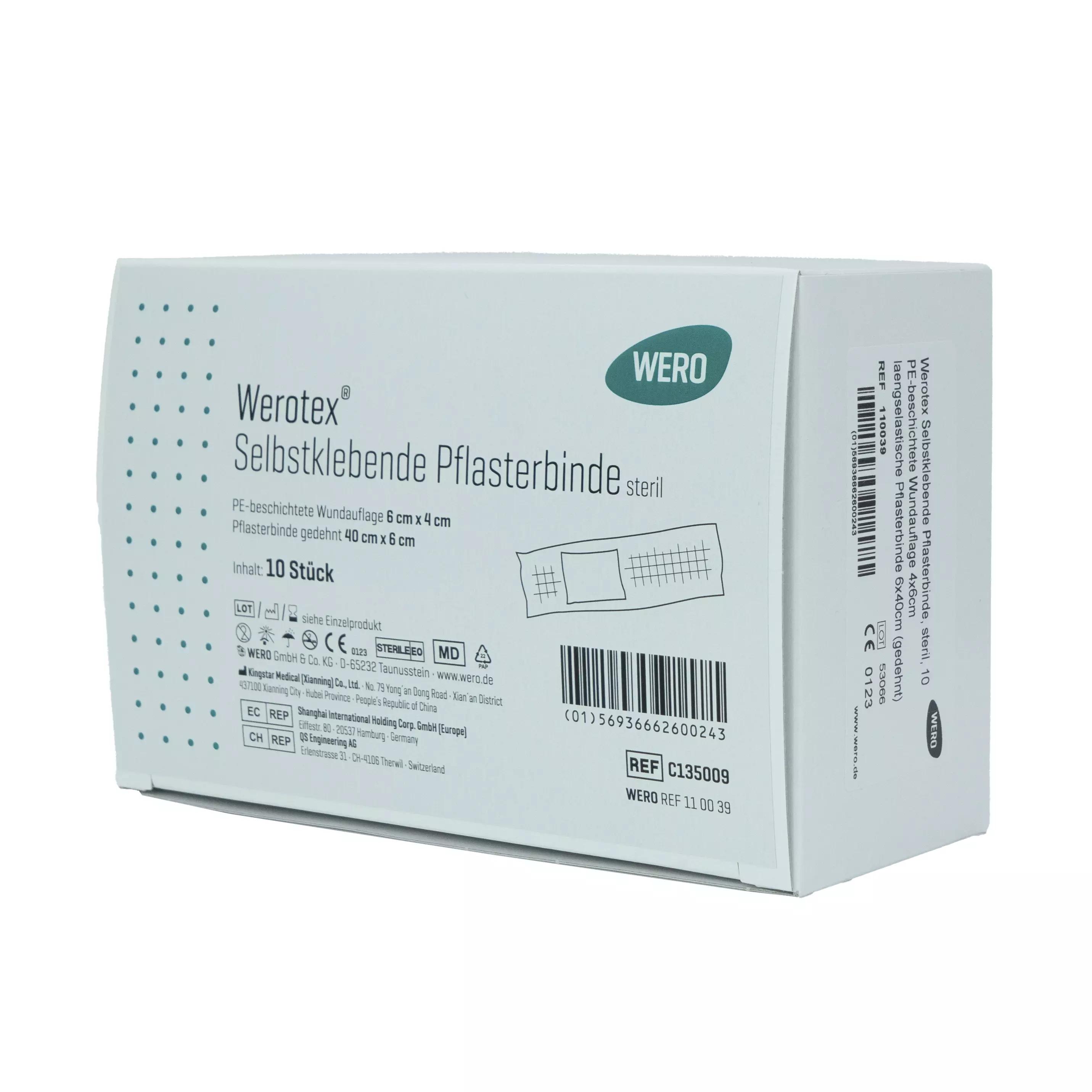 Weiße Verpackung Werotex® selbstklebende Pflasterbinde, steril, 10 Stück, sterilisiert, saugstarke Wundauflage, elastische Fixierbinde.
