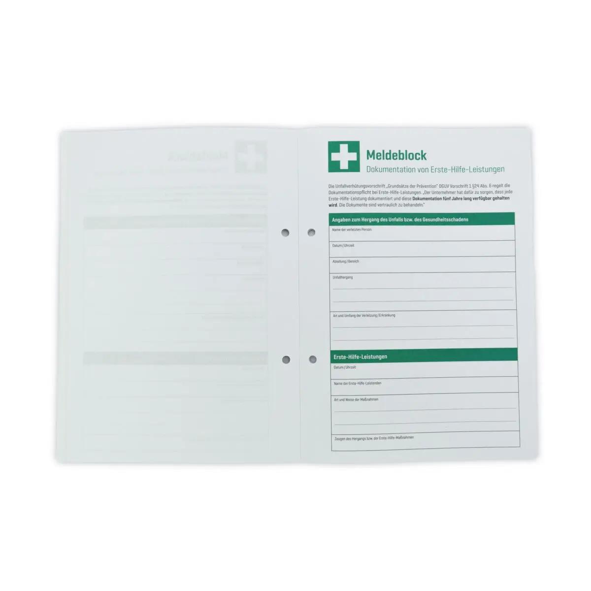 Offener WERO Meldeblock im DIN A5-Format mit grüner Umrandung, vorgedruckten Feldern für persönliche Daten und Erste-Hilfe-Dokumentation.
