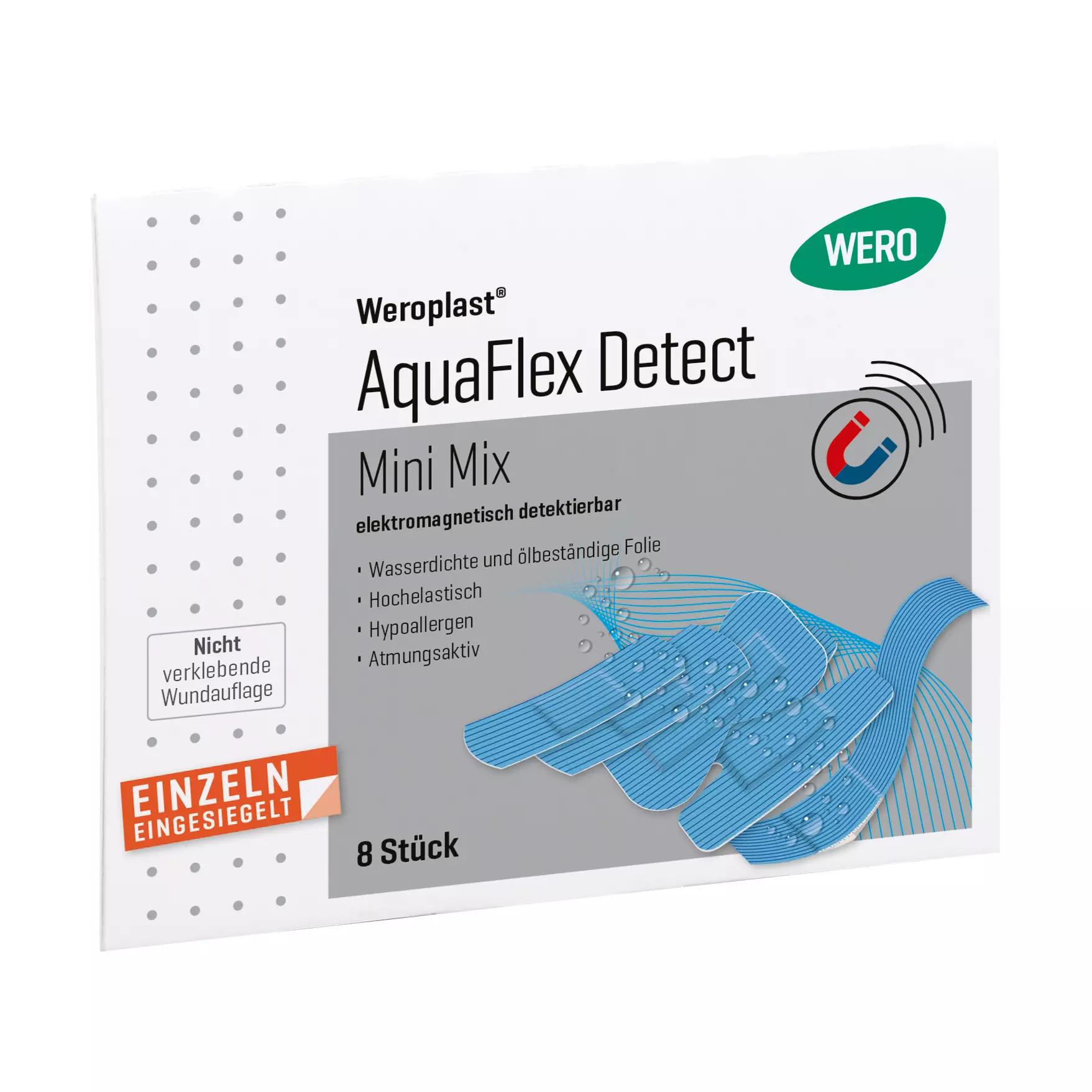 Pflasterset Weroplast® AquaFlex Detect - Mini Mix in blauer Box mit Hinweis auf Detektierbarkeit, Aluminiumstreifen und wasserdichte, elastische Folie.