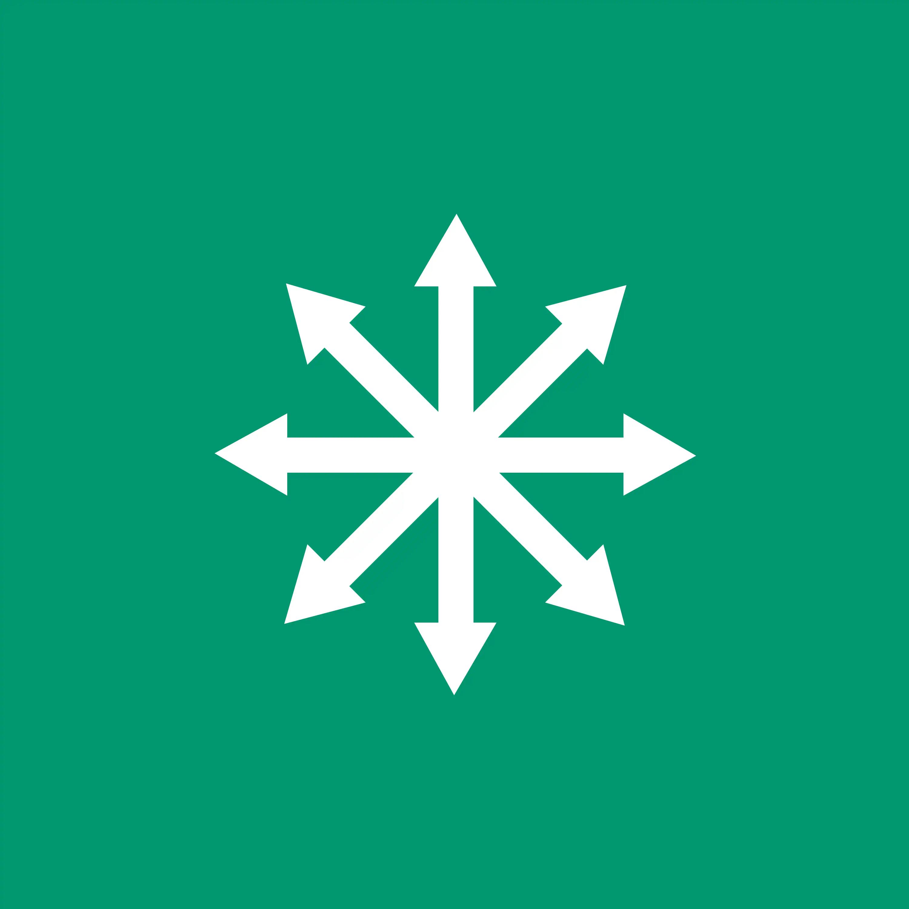 Ein einfaches, symmetrisches Schneeflocken-Icon mit acht Armen auf grünem Hintergrund.