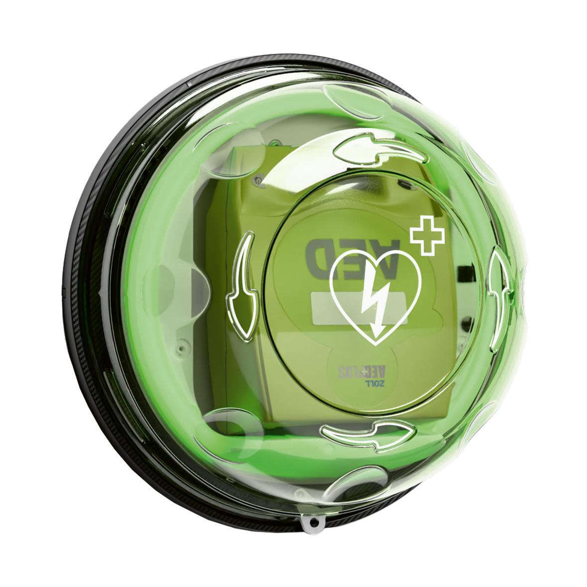 Grüner, runder Wandkasten Rotaid 24/7 zur Fernüberwachung von AEDs, transparentes Gehäuse, stoßfest, mit T102- und Blitzsymbol.