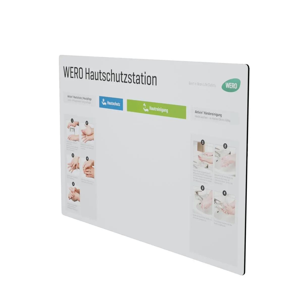 Rechteckige WERO Hautschutzstation - Druck 3 mit bebilderten, nummerierten Anleitungen zu Hautschutz und Handreinigung für hygienische Anwendung.