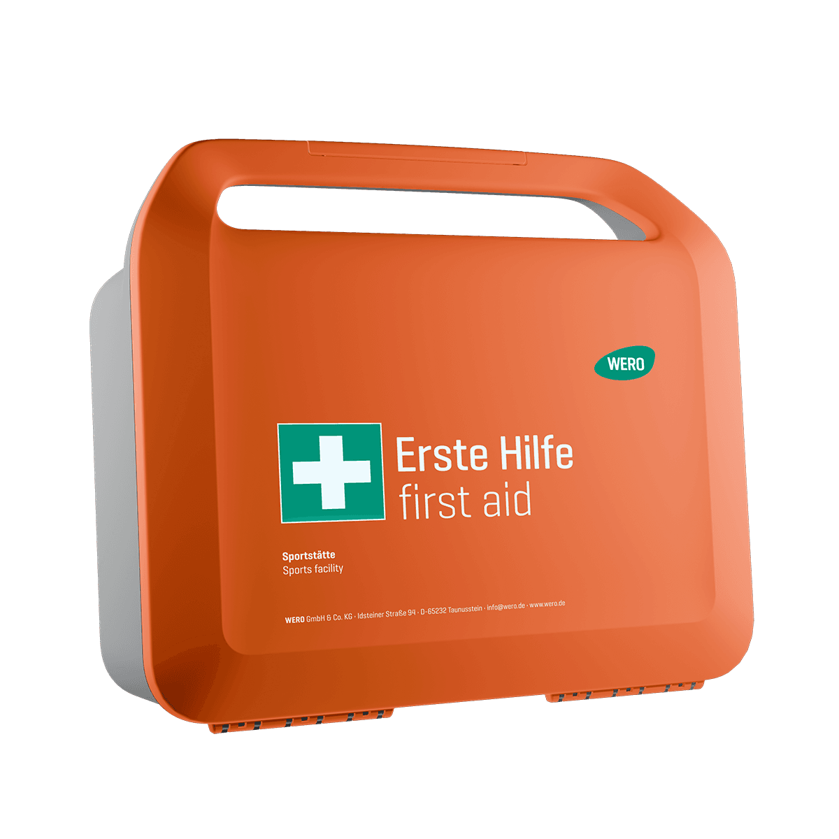 Orangefarbener Erste-Hilfe-Kasten mit Tragegriff, grünem Kreuz und zweisprachiger Beschriftung „Erste Hilfe/Sportstätte“.