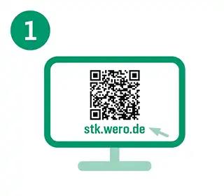 Ein Computer-Monitor mit grünem Rahmen zeigt einen schwarz-weißen QR-Code, daneben steht die weiße Zahl "1".