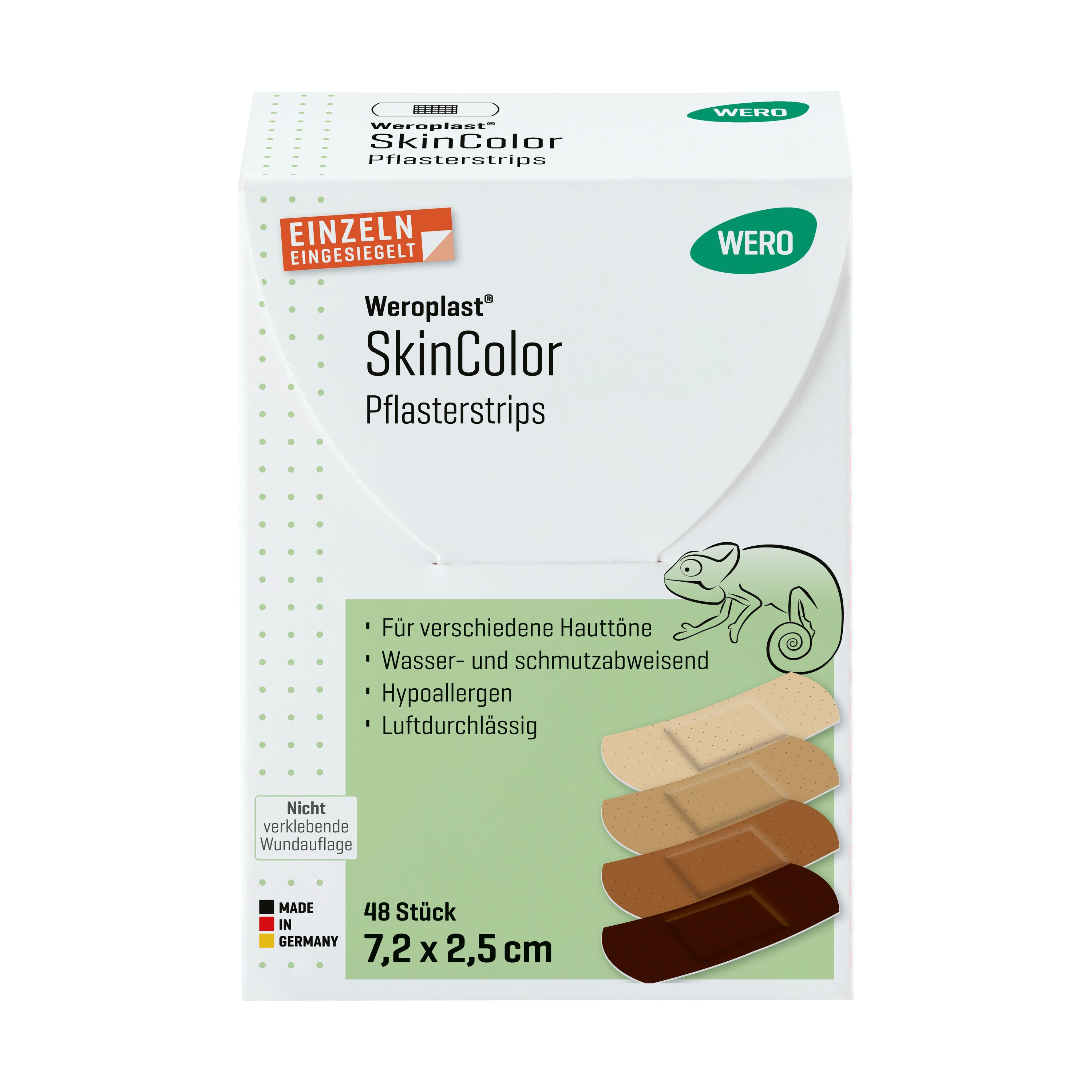 Offene Box Weroplast® SkinColor Pflasterstrips Mix, 48 Stk, zeigt hell-beige Pflaster in transparenter Hülle, sorgfältig sortiert für verschiedene Hauttöne.