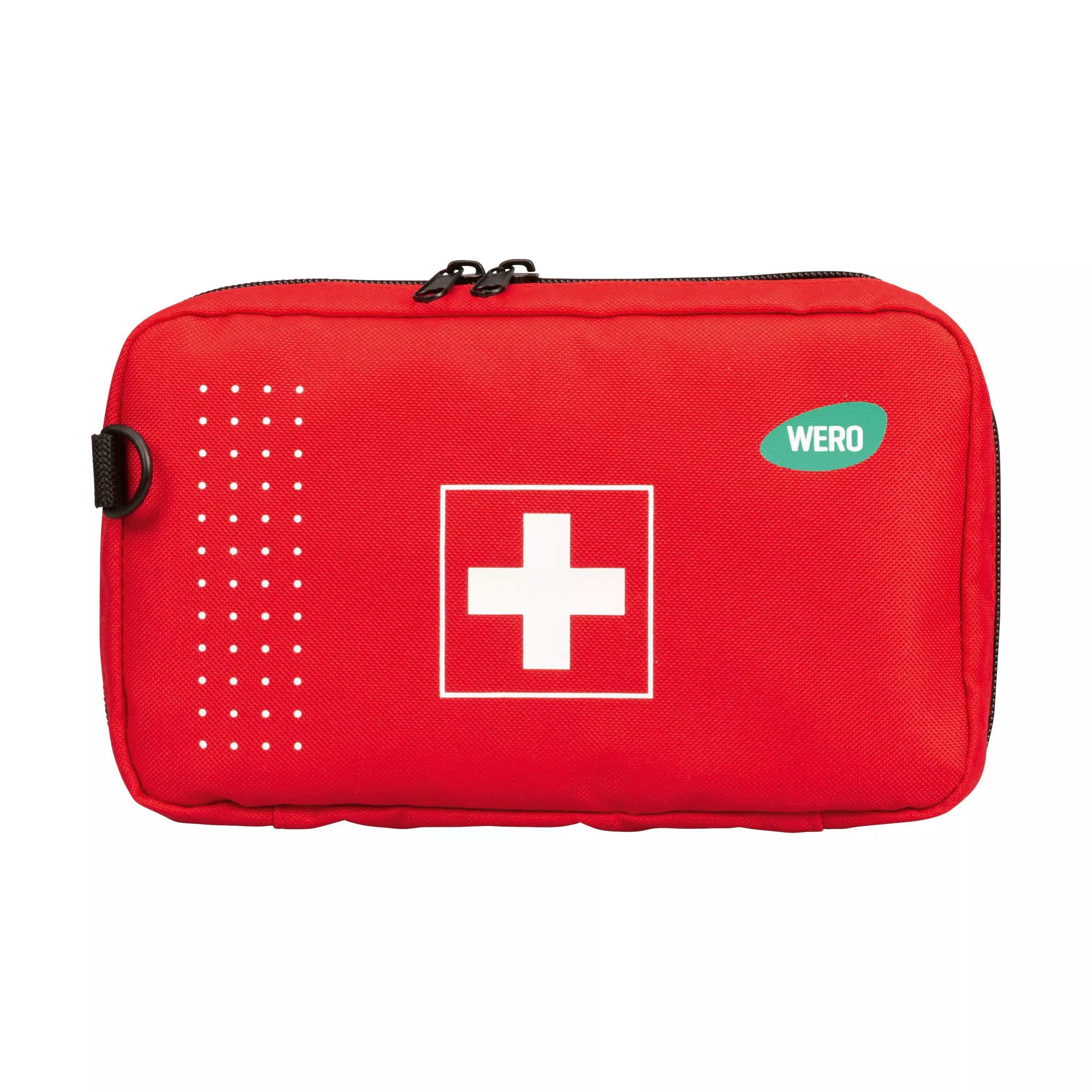 Rote Erste Hilfe Tasche WERO On-Tour mit weißem Kreuz, grünem WERO-Label, schwarzem Reißverschluss und Belüftungslöchern an der Seite.