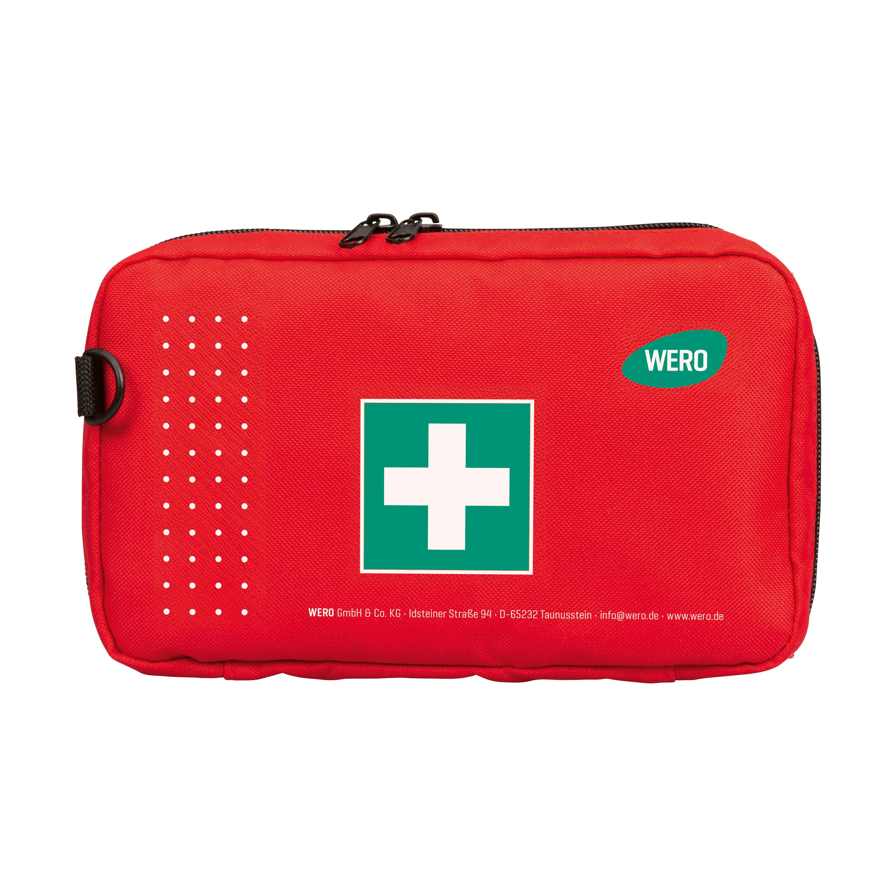 Rote Erste Hilfe Tasche WERO On-Tour mit weißem Kreuz, grünem WERO-Label, schwarzem Reißverschluss und Belüftungslöchern an der Seite.