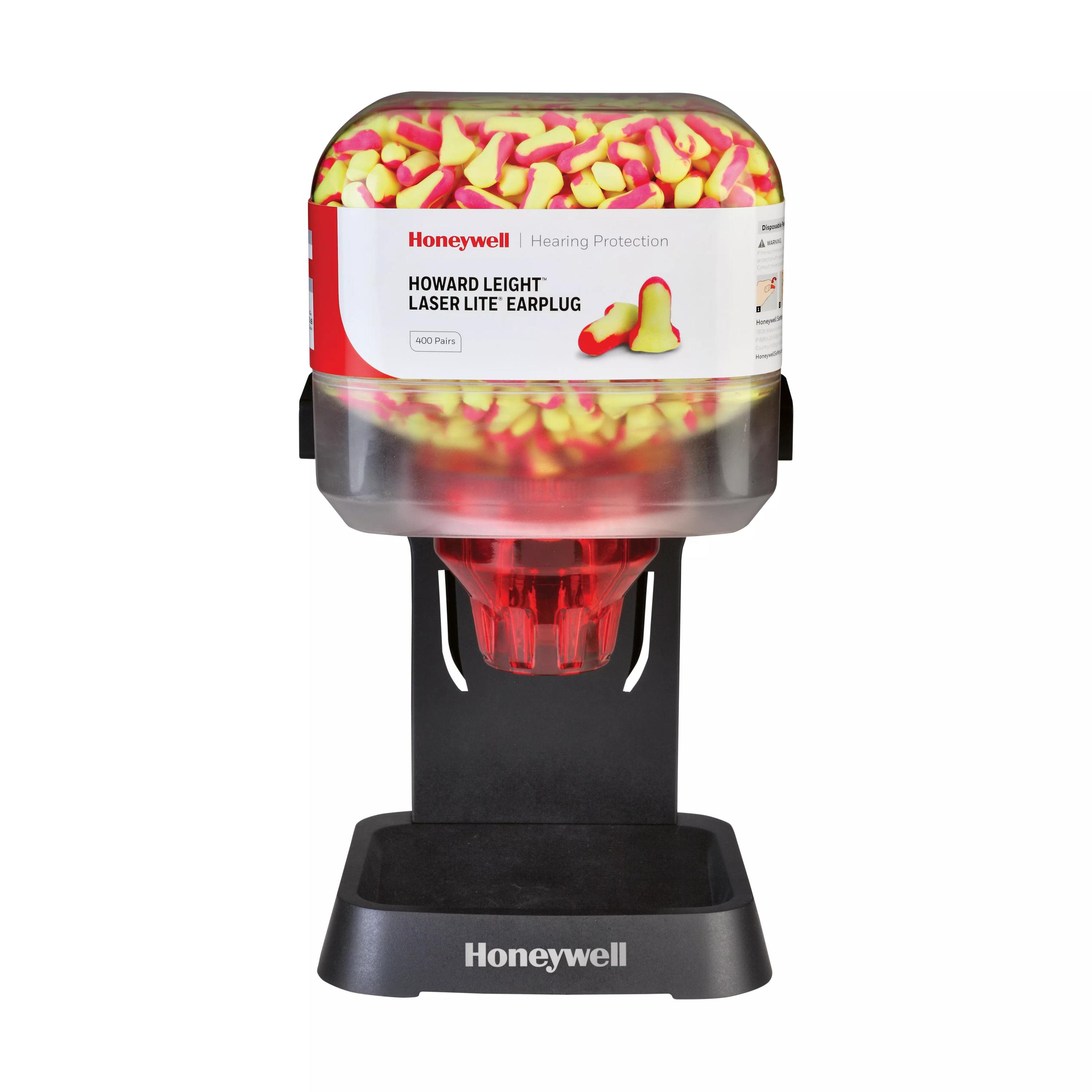 Gehörschutzspender HL 400 gefüllt mit Laser Lite® Gehörschutzstöpsel zeigt einen durchsichtigen Spender mit vielen gelb-roten Stöpseln und rotem Auslass.