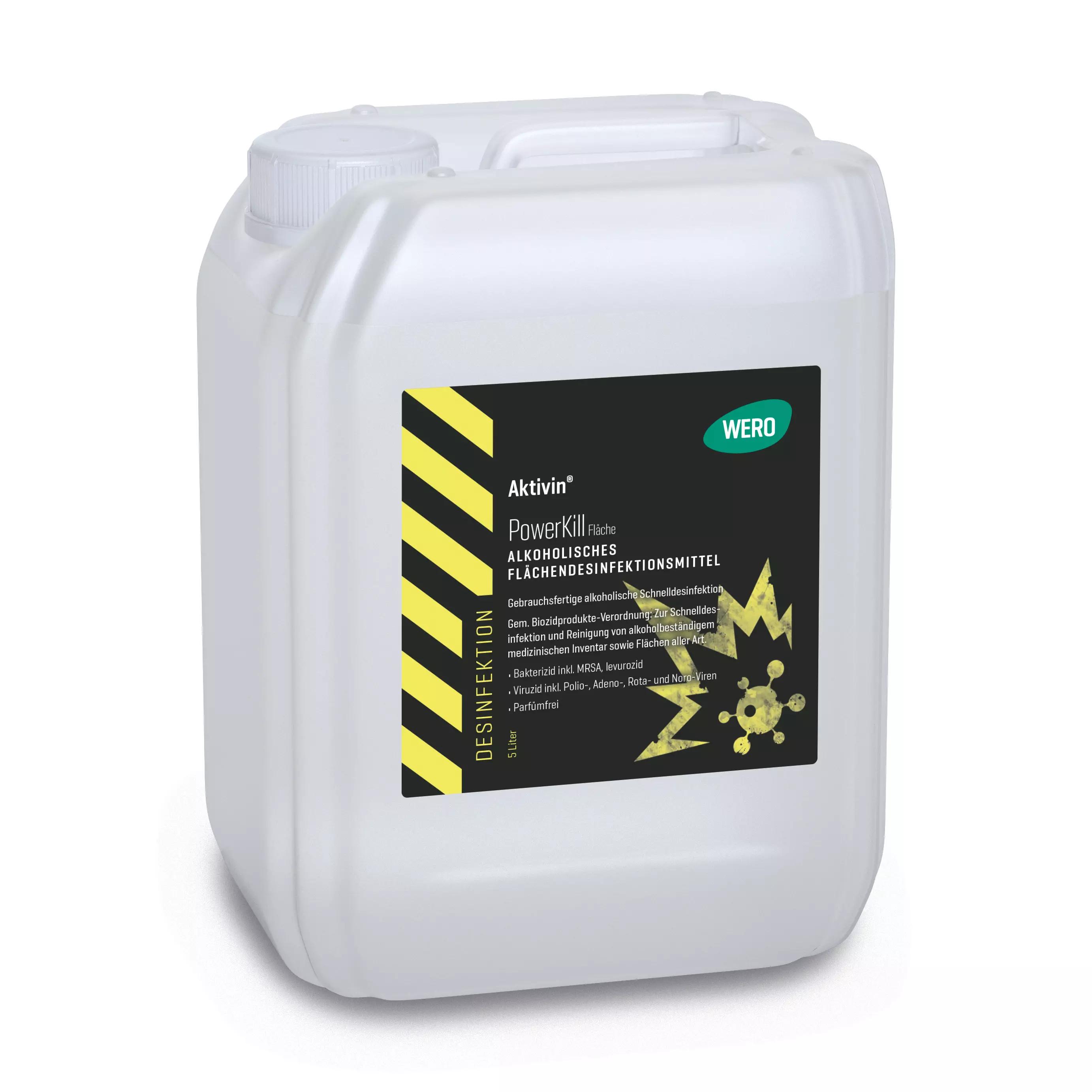 Weißer 5-Liter-Kanister Powerkill Alcoholic Disinfectant mit Warnetikett, chemischer Struktur und Virussymbol zur Desinfektion.
