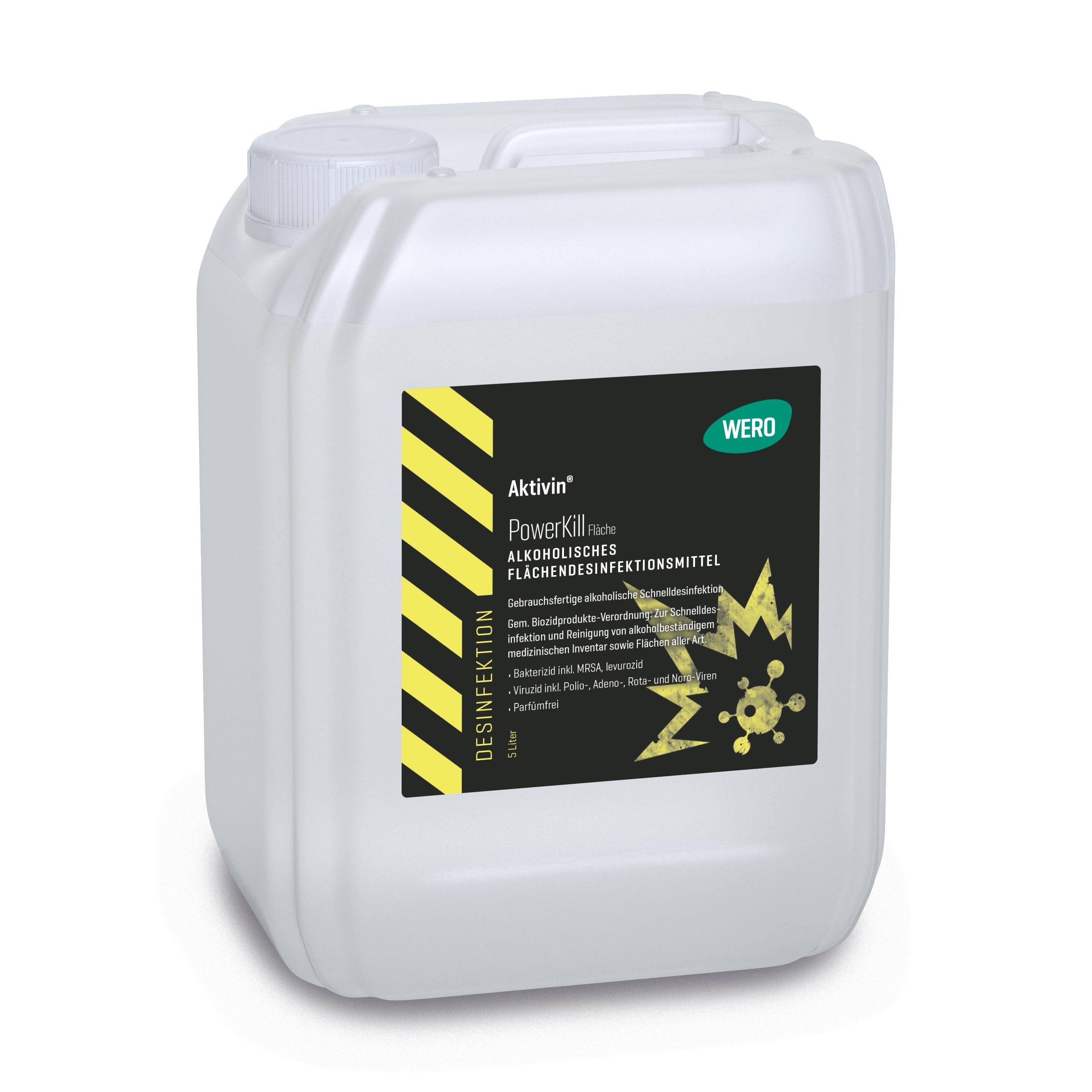 Weißer 5-Liter-Kanister Powerkill Alcoholic Disinfectant mit Warnetikett, chemischer Struktur und Virussymbol zur Desinfektion.