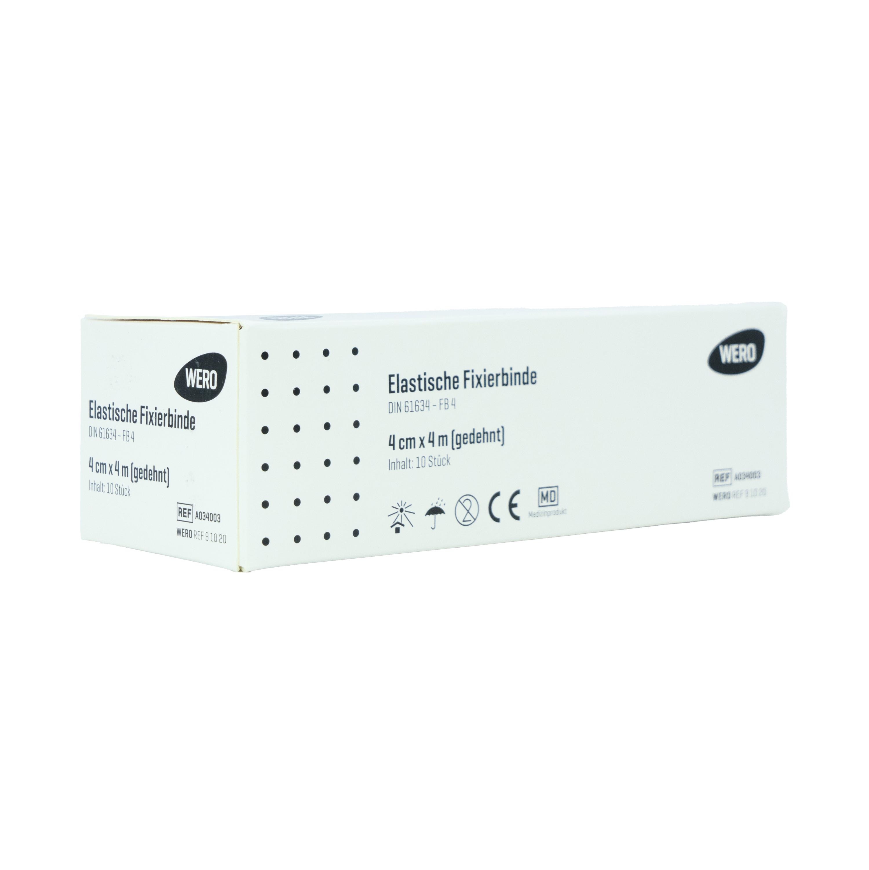Eine aufrecht stehende Packung Mullbinde Elastische Fixierbinde DIN 61634, 4 cm x 4 m, mit weichem, dehnbarem Gewebe und luftdurchlässiger Struktur.