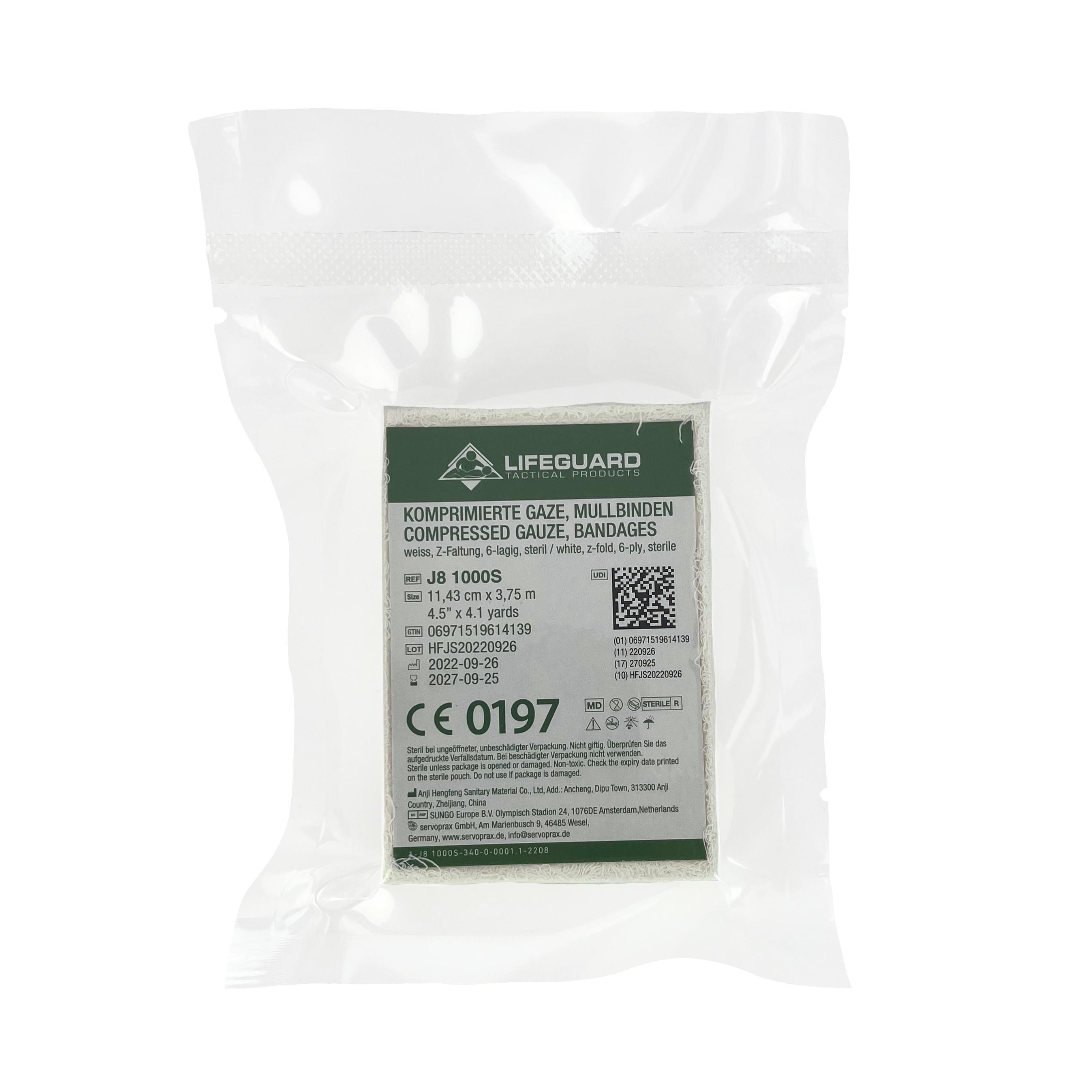 Sterile Lifeguard komprimierte Gaze in transparenter Kunststoffverpackung mit 6-lagiger, Z-gefalteter Mullbinde, einzeln verschlossen.