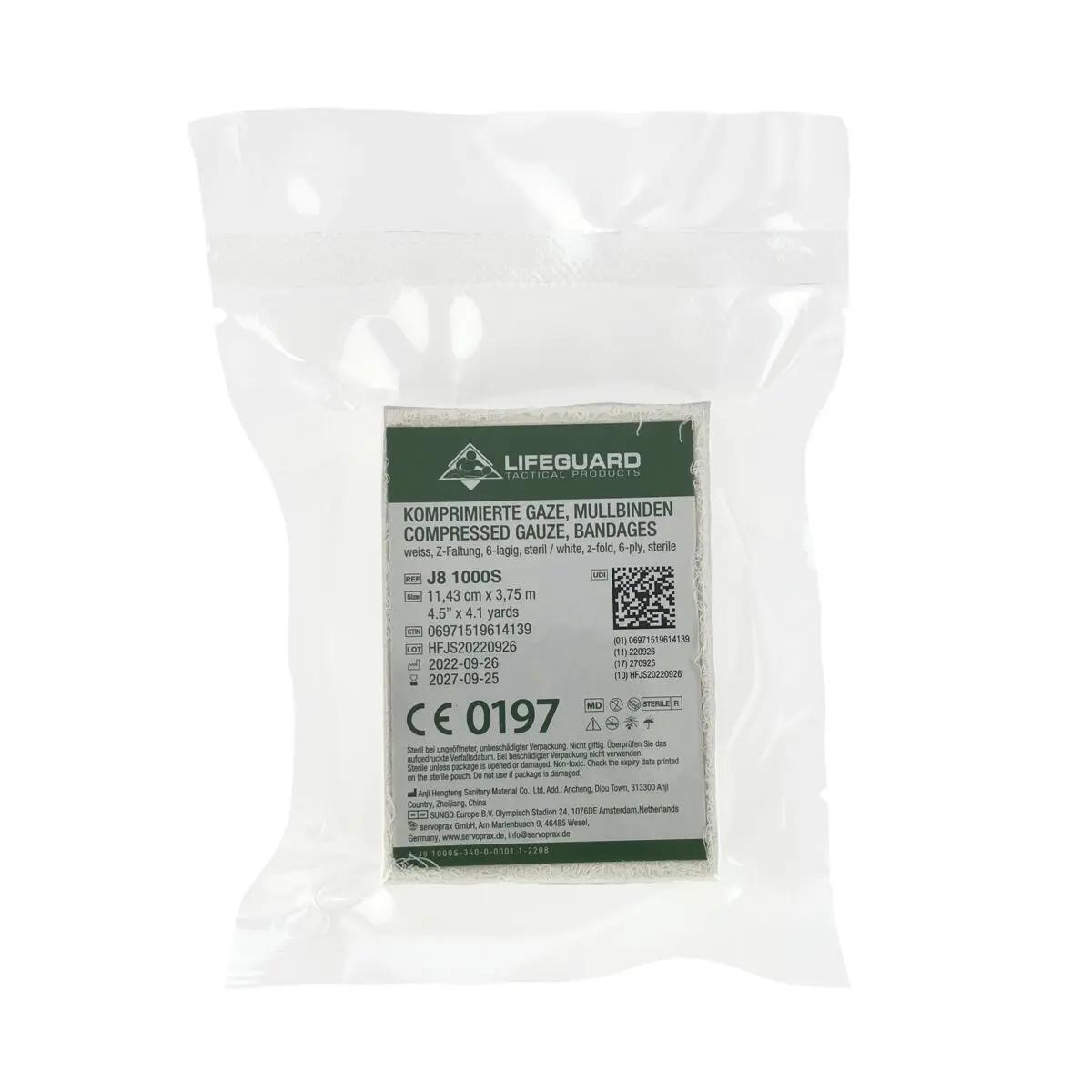 Sterile Lifeguard komprimierte Gaze in transparenter Kunststoffverpackung mit 6-lagiger, Z-gefalteter Mullbinde, einzeln verschlossen.