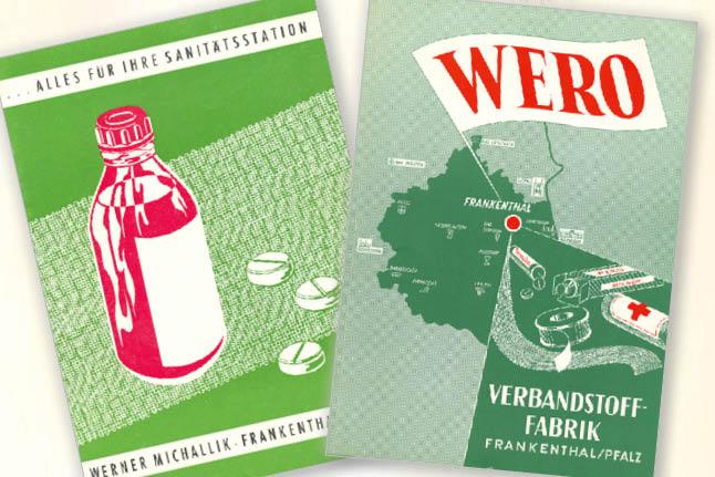 Zwei historische deutsche Werbebroschüren, links mit roter Flasche und weißen Tabletten, rechts mit rotem Kreuz, beide mit Text zur Firma WERO.