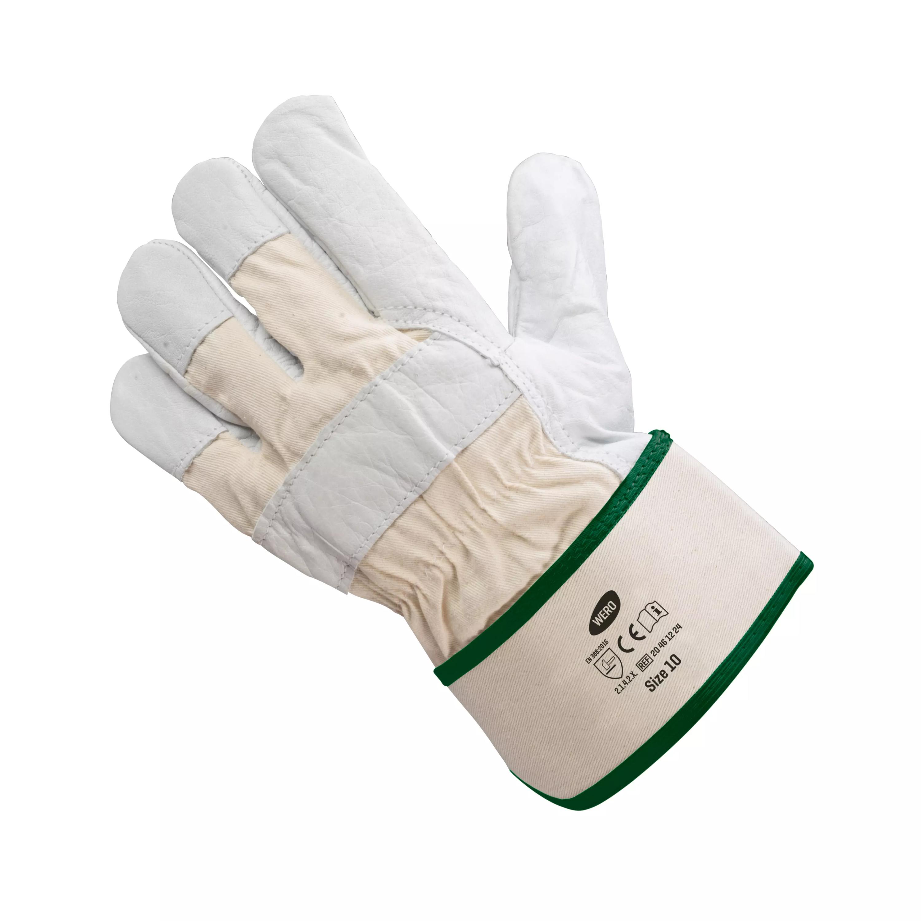 Lederhandschuh WERO Texas in Beige mit grünem Bündchen und Label am Handgelenk, mehrere Finger, für mittelschwere Arbeiten geeignet.