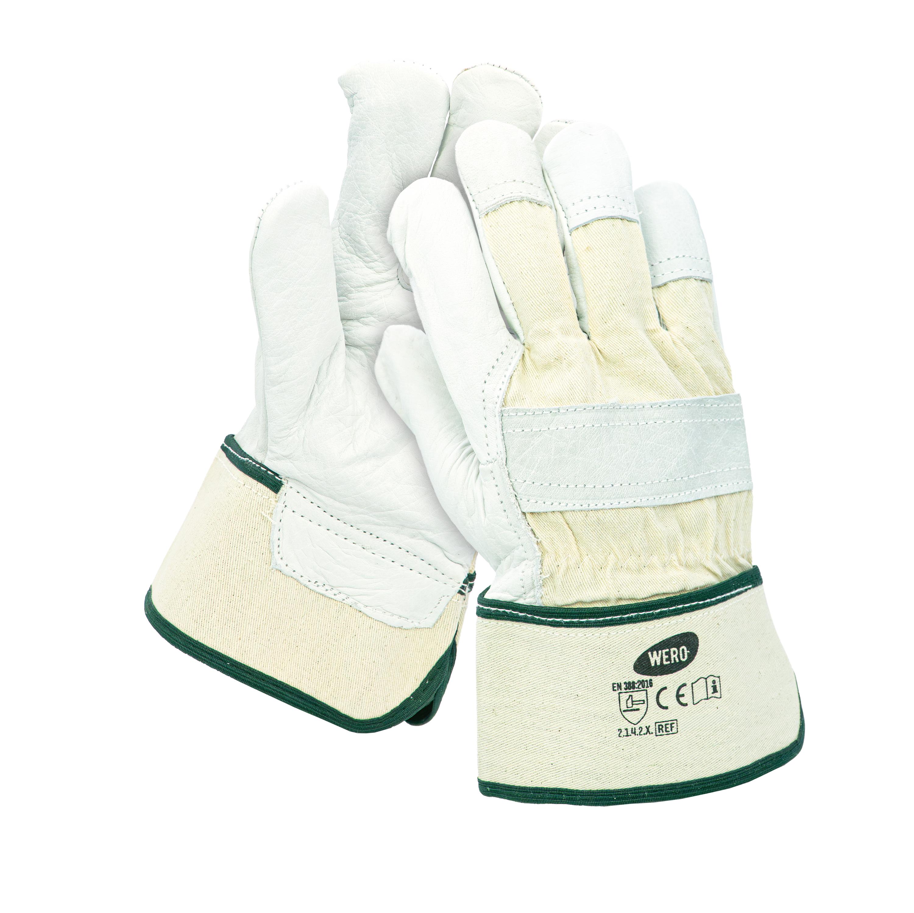 Lederhandschuh WERO Texas in Beige mit grünem Bündchen und Label am Handgelenk, mehrere Finger, für mittelschwere Arbeiten geeignet.