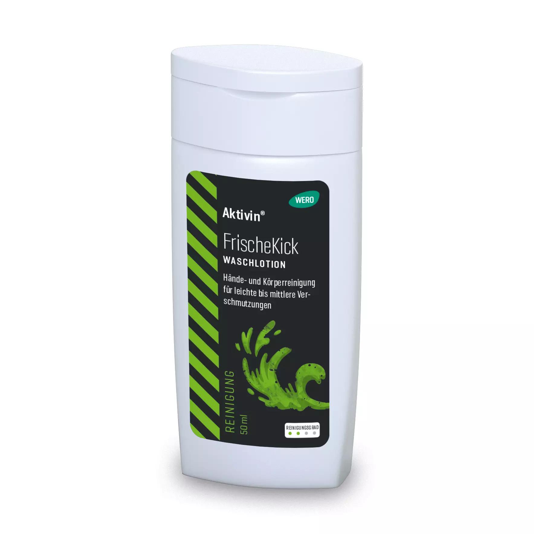 Eine weiße Flasche Waschlotion Aktivin® FrischeKick - Probiergröße, 50 ml, mit grün-schwarzem Etikett, milder Rezeptur und erfrischendem Duft.