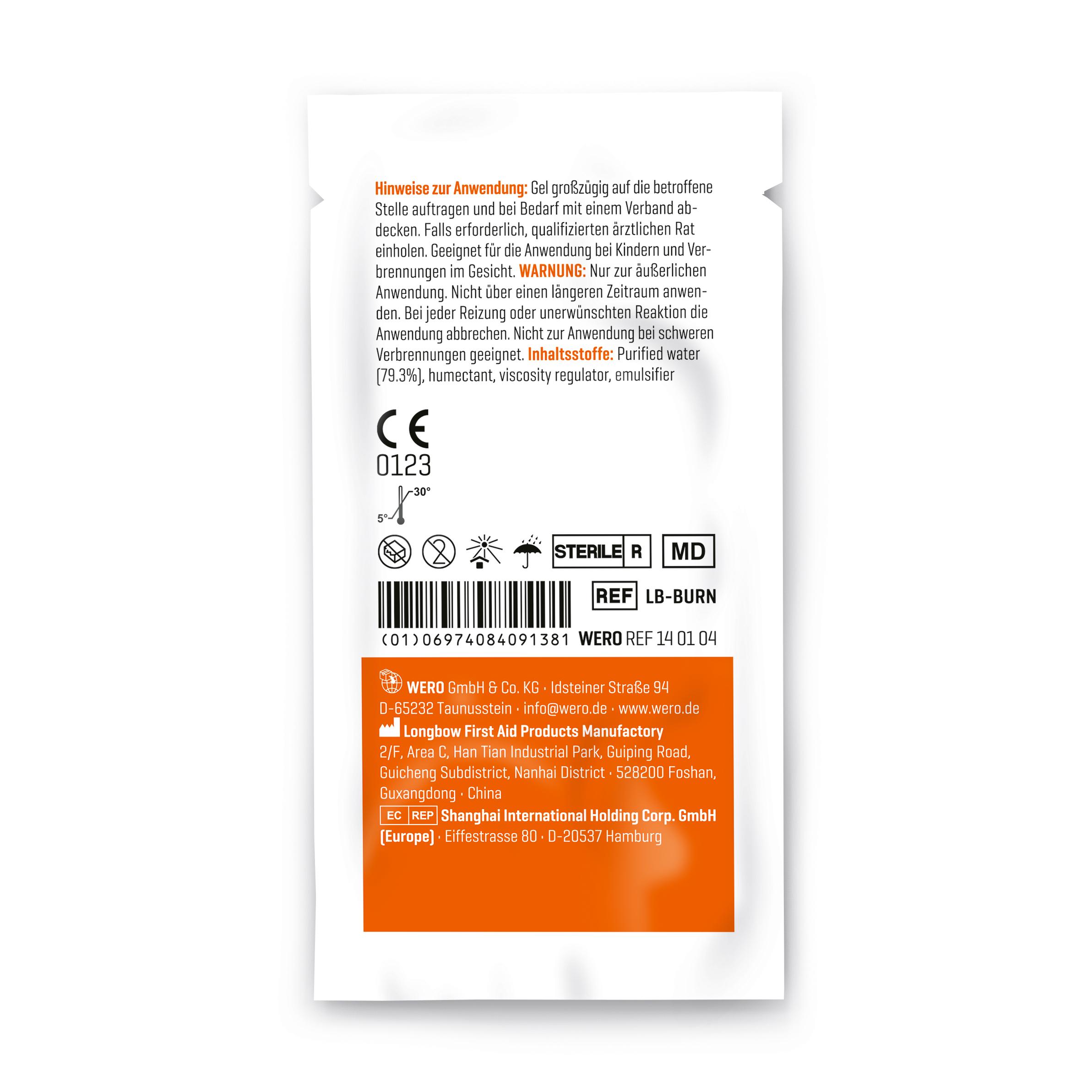 Drei glänzende WERO BurnAway® Verbrennungsgel Sachets à 3,5 g mit Flammenmotiv und Aufdruck für die Behandlung von Verbrennungen.