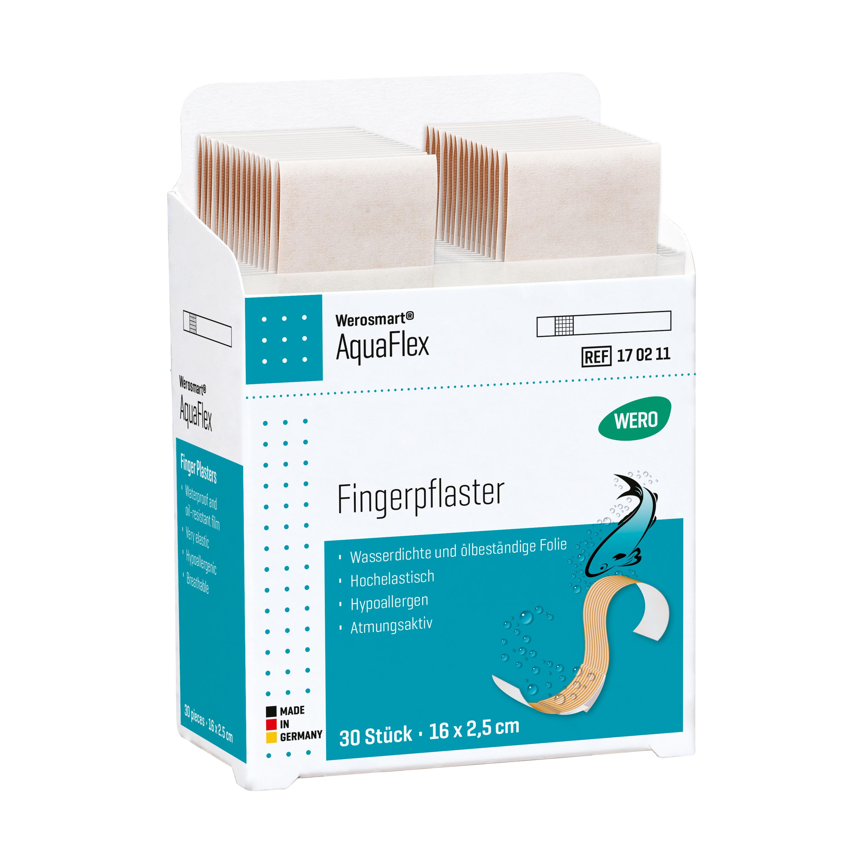 Die Verpackung Werosmart® AquaFlex Pflasterspender-Einsätze Fingerpflaster zeigt eine blaue Box mit 30 wasserdichten, ölbeständigen Pflasterstrips.