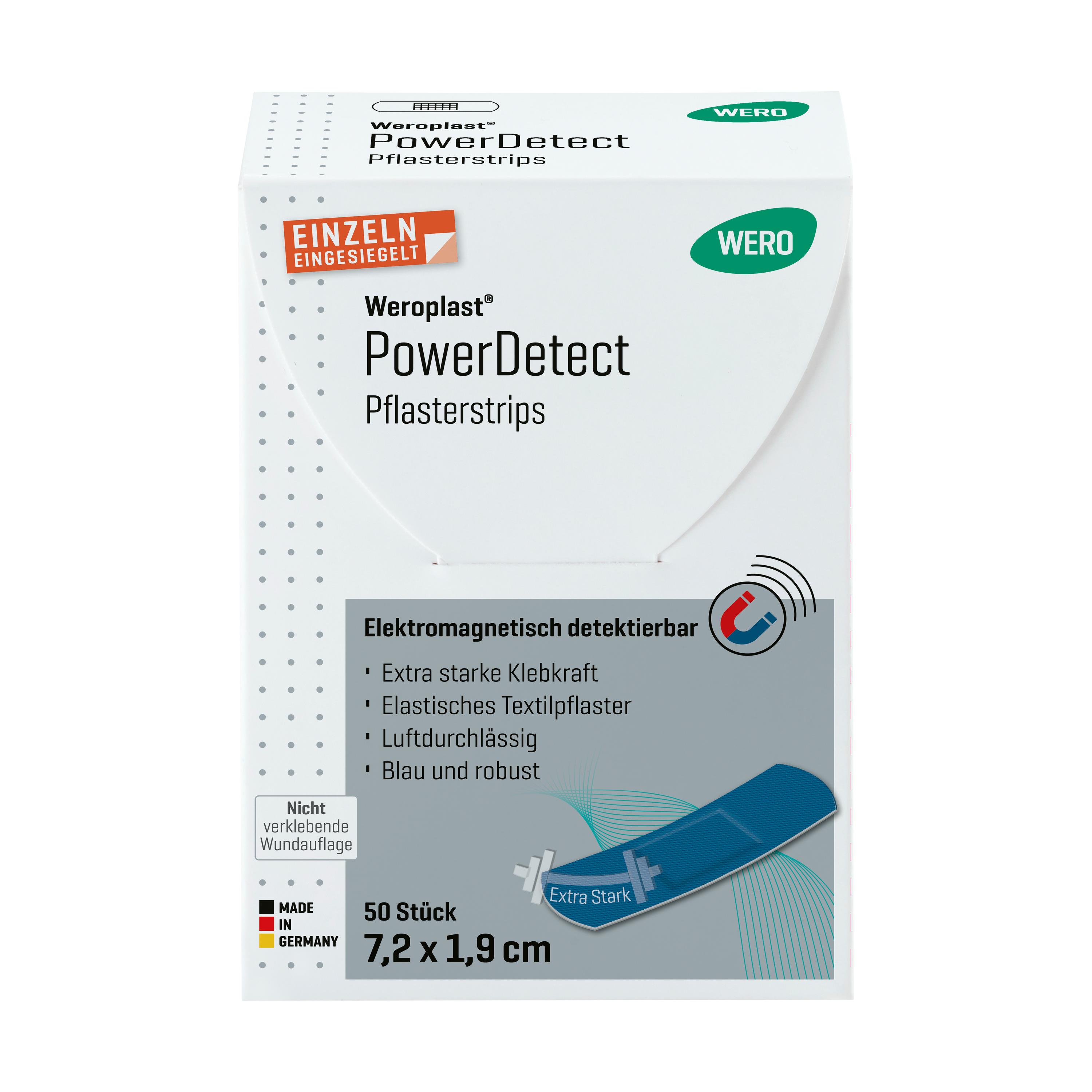 Eine Hand mit beigefarbenem Ärmel klebt einen blauen Pflasterstrips Weroplast® PowerDetect mit Aluminiumstreifen auf einen kleinen Schnitt am Handgelenk.