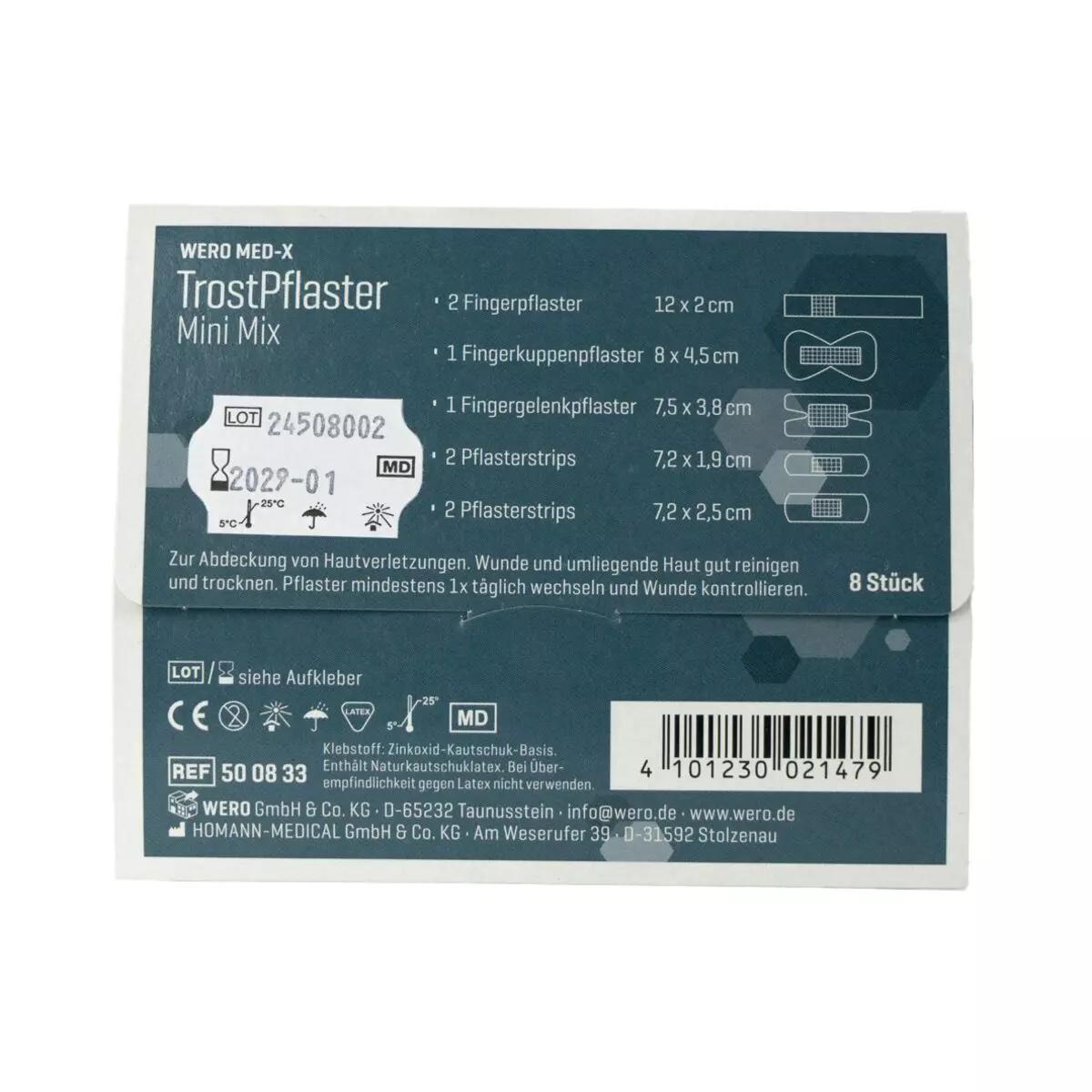 Eine kleine, von hinten fotografierte Box WERO MED-X® TrostPflaster Mini Mix mit 8 extra stark klebenden, längs- und querelastischen Pflasterstrips.