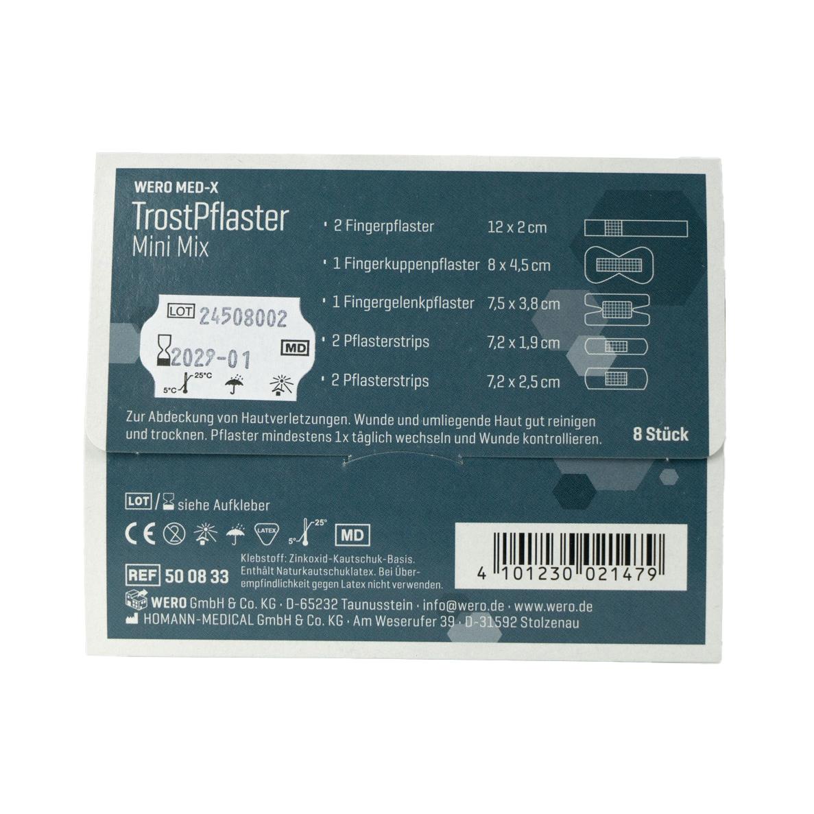 Eine kleine, von hinten fotografierte Box WERO MED-X® TrostPflaster Mini Mix mit 8 extra stark klebenden, längs- und querelastischen Pflasterstrips.