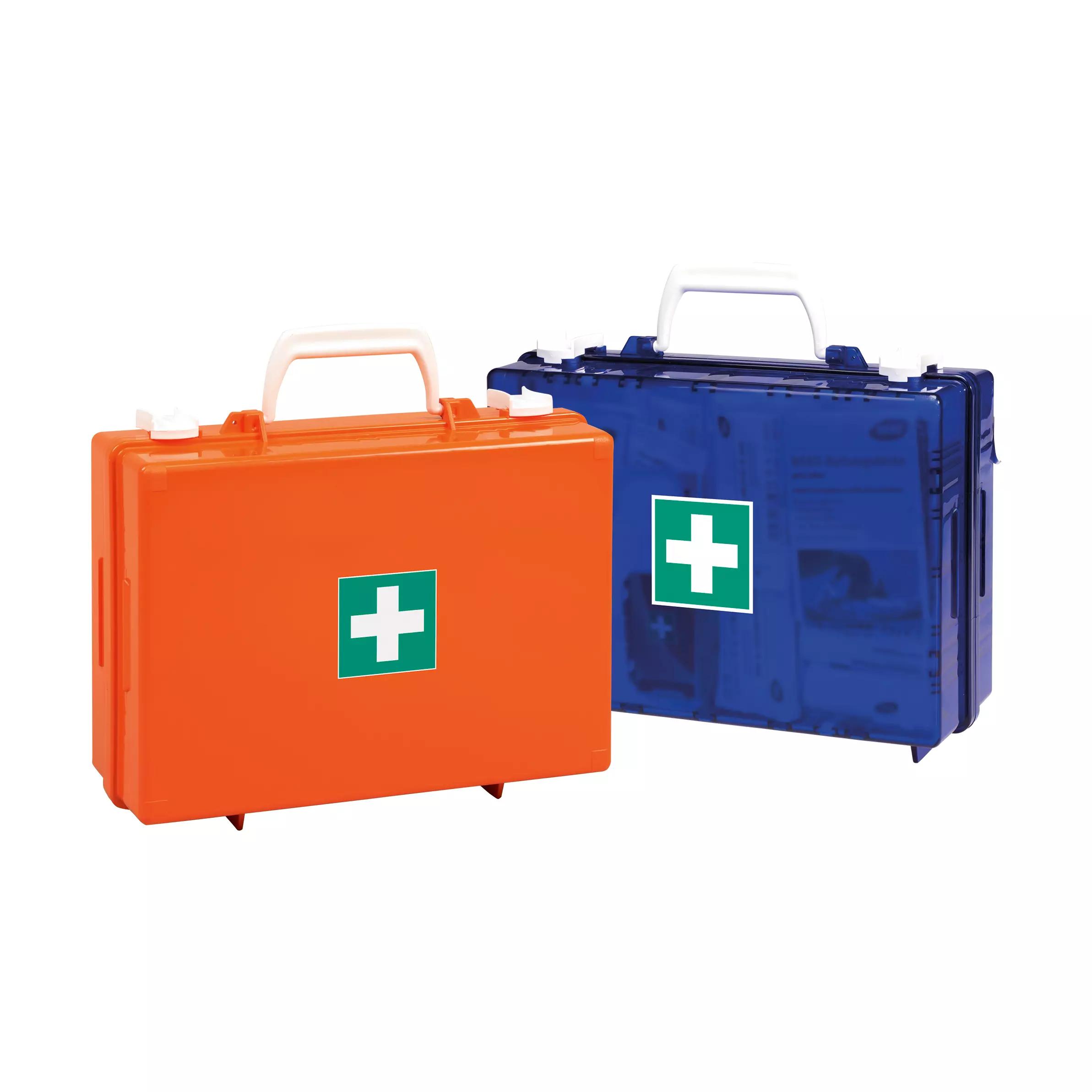 Zwei Werotop® Erste Hilfe Koffer 350 mit Wandhalterung stehen nebeneinander, beide mit weißem Griff und grünes Kreuz auf der Vorderseite.