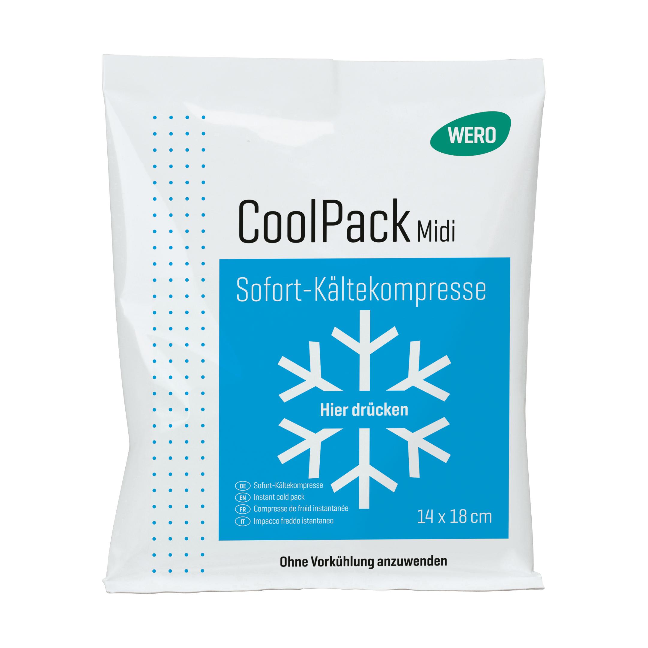 WERO CoolPack Sofort-Kältekompresse - Midi, 1 Stk in weißer Verpackung mit blauer Schneeflocke, 14 x 18 cm, sofort kühlend ohne Vorkühlung.