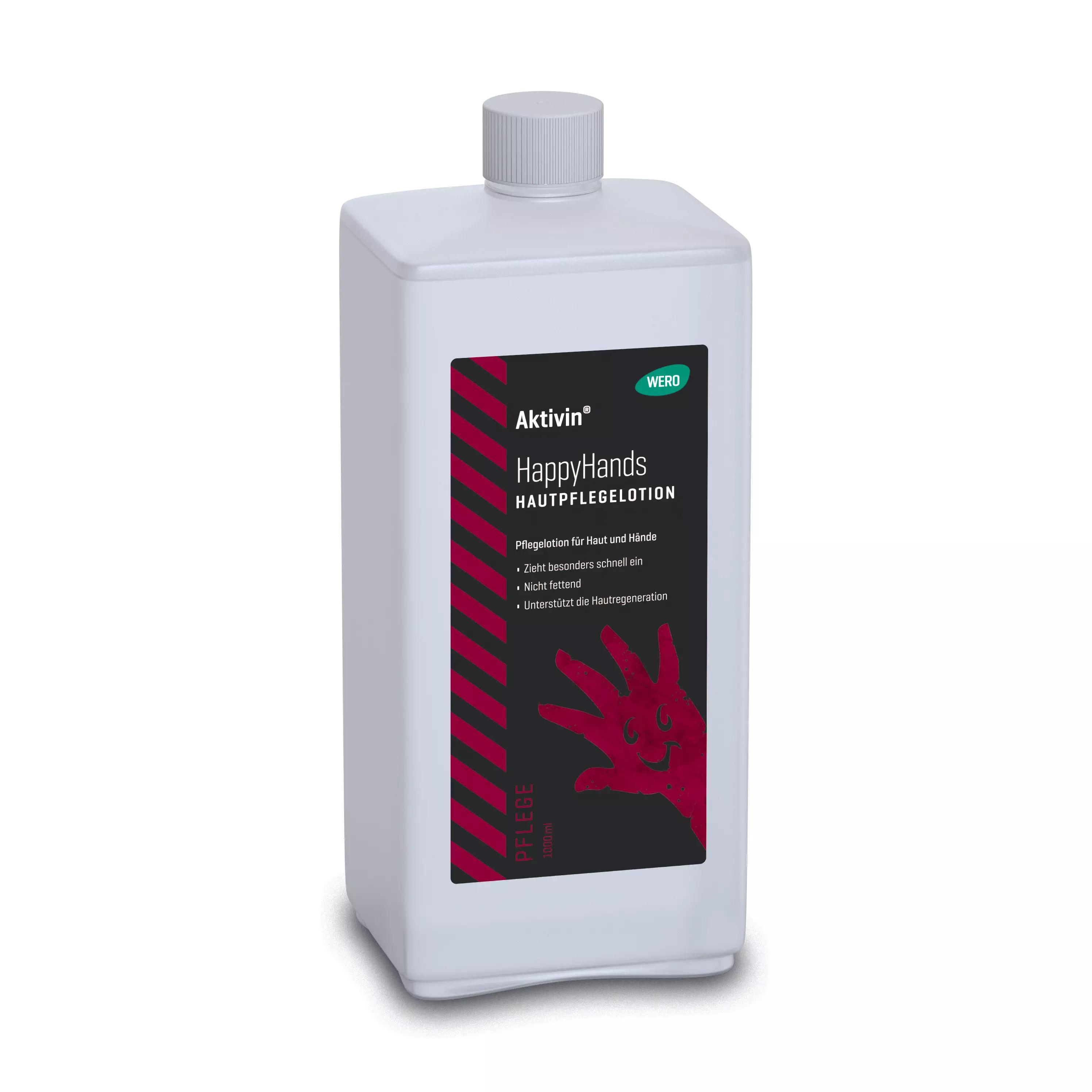 Weiße Flasche Hautpflegelotion Aktivin® HappyHands - 1.000 ml mit weißem Deckel, Allantoin, feuchtigkeitsspendend, schnell einziehend.