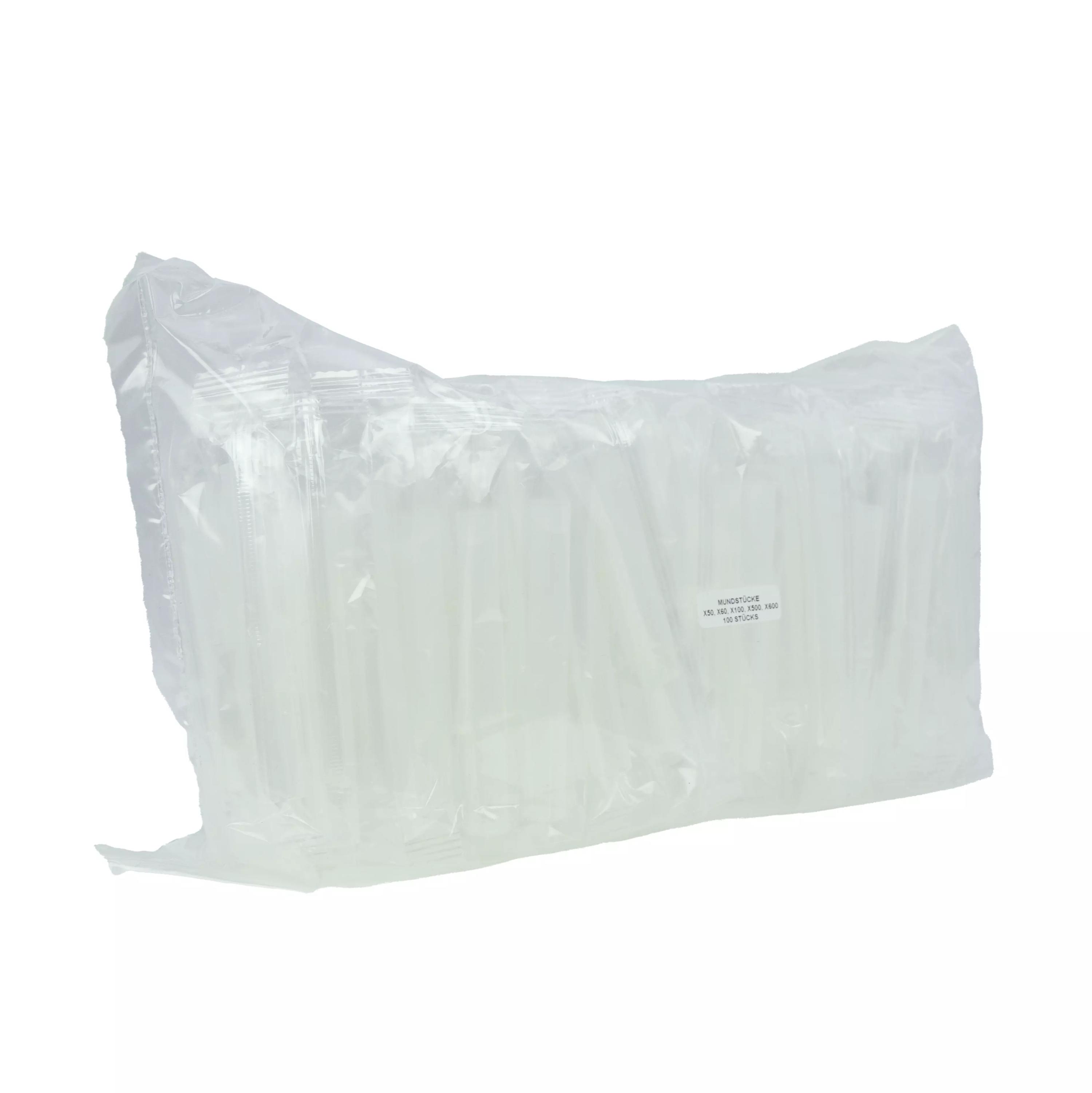 Eine transparente Tüte mit 100 weißen, unbenutzten Mundstücke für Alkoholtestgerät X100, ordentlich gestapelt und mit beschriftetem Etikett.
