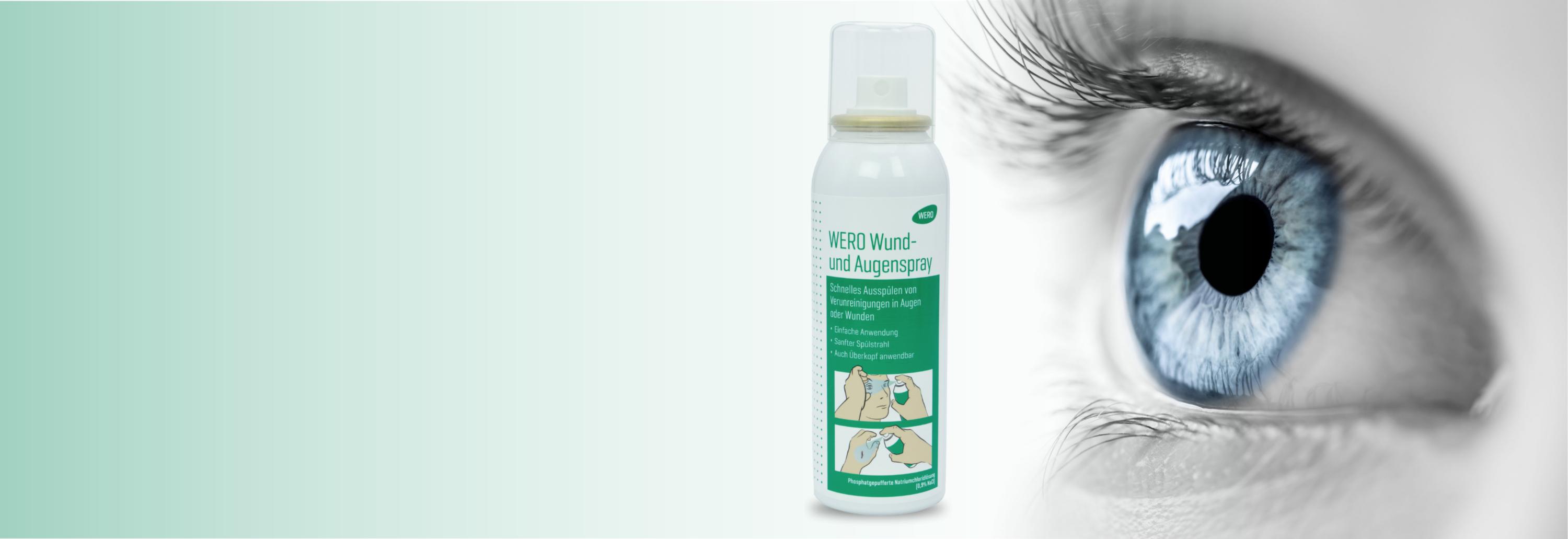 WERO Wund- und Augenspray Flasche mit Dosieraufsatz, bebilderter Anwendung am Auge und deutsch-englischem Etikett.