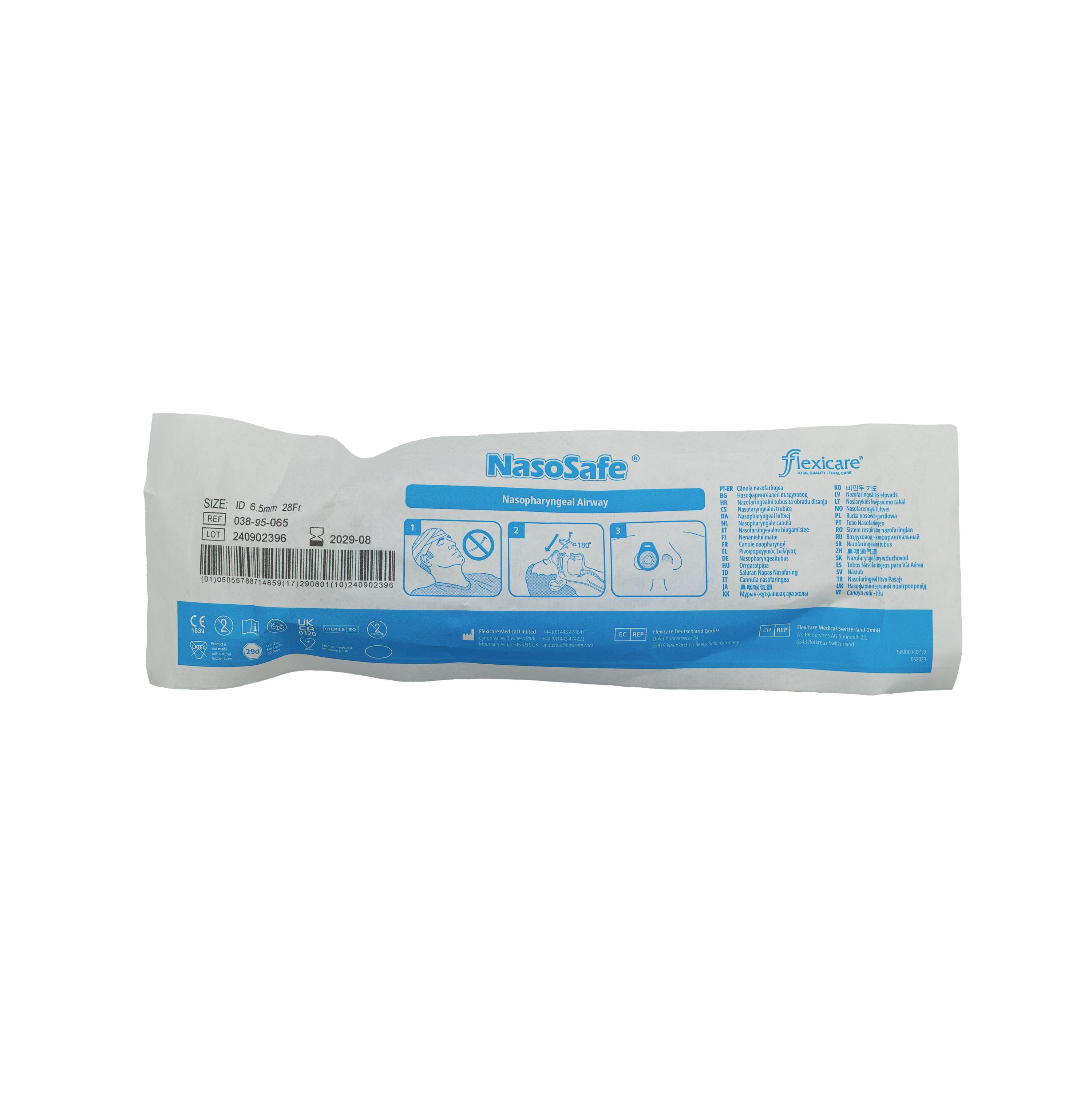 Flexicare NasoSafe® Nasopharyngealtubus nach Wendl CH 28 in rechteckiger Verpackung mit gebogenem Design, abgeschrägtem Ende und weichen Kanten.