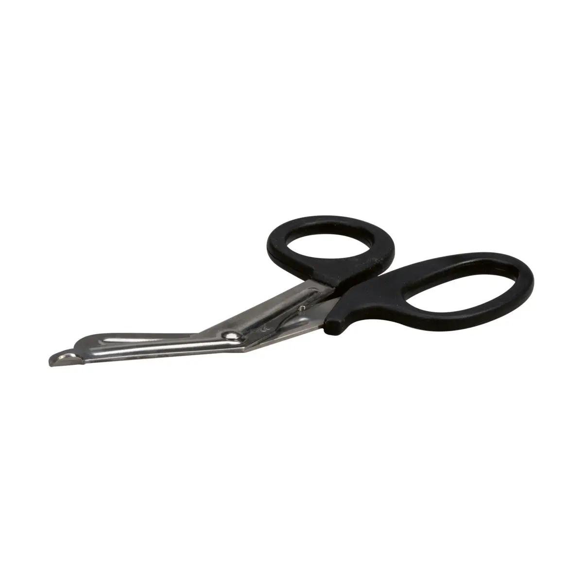 Universalschere DIN 58279 - 19 cm mit silbernen, spitzen Klingen und schwarzen Kunststoffgriffen, leicht geöffnet und schräg positioniert.
