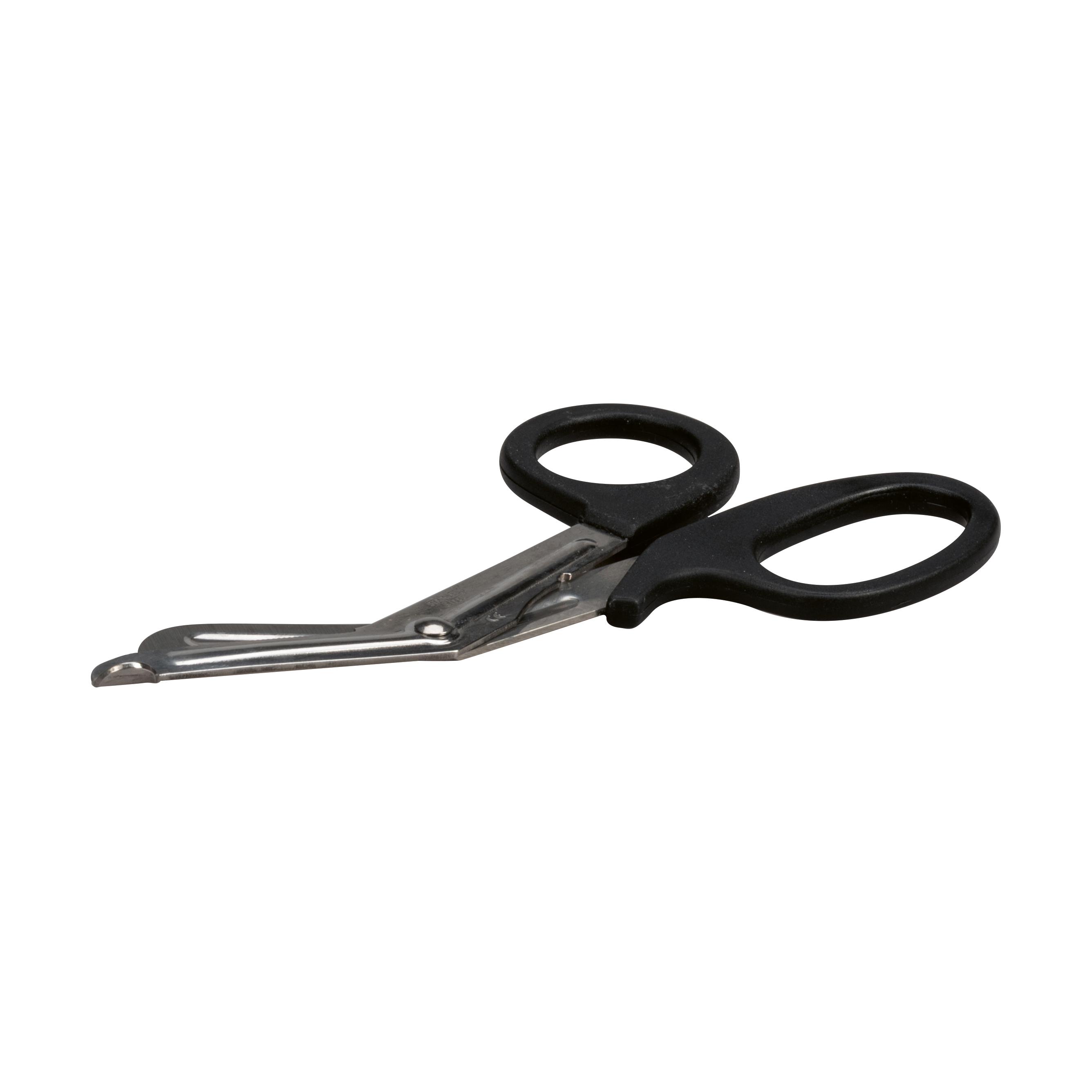 Universalschere DIN 58279 - 19 cm mit silbernen, spitzen Klingen und schwarzen Kunststoffgriffen, leicht geöffnet und schräg positioniert.