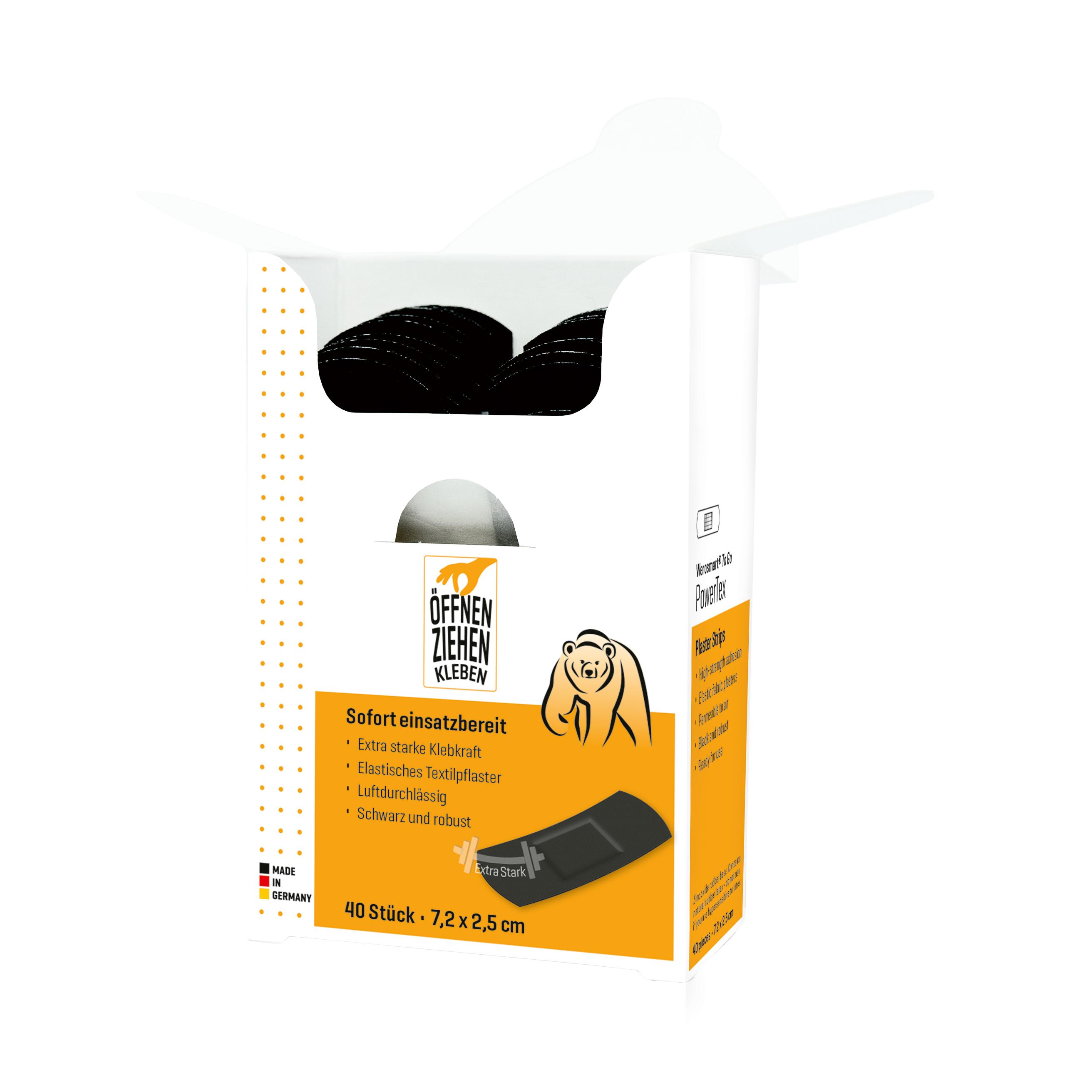 Eine stehende Packung Werosmart® To Go PowerTex Sofortpflaster - Pflasterstrips mit gelb-schwarzem Bärenlogo, sichtbar extra starkem, schwarzem Pflasterstrip.