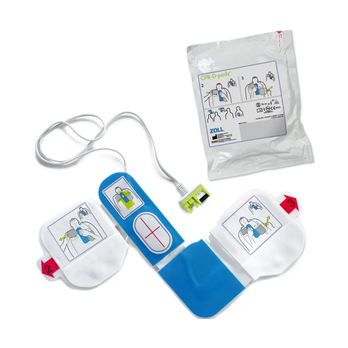 Defibrillator-Set ZOLL® AED Plus, Vollautomat mit CPR-D Elektroden, Lithium-Batterien und rotem CCR-P-padz Beutel nebeneinander angeordnet