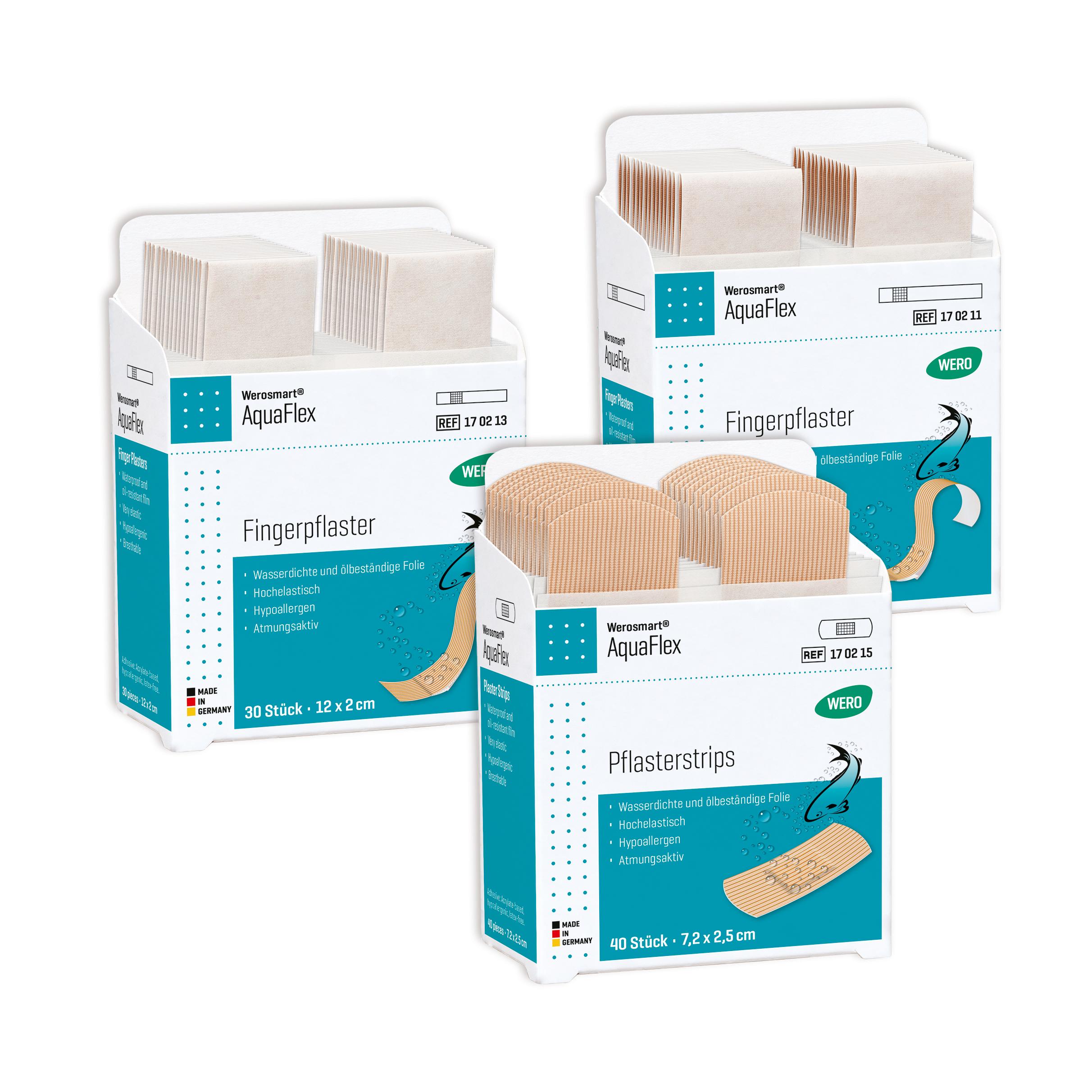 Drei Packungen Werosmart® AquaFlex Pflasterspender-Einsätze Fingerpflaster mit blauer Aufschrift und verschiedenen Pflasterformen.