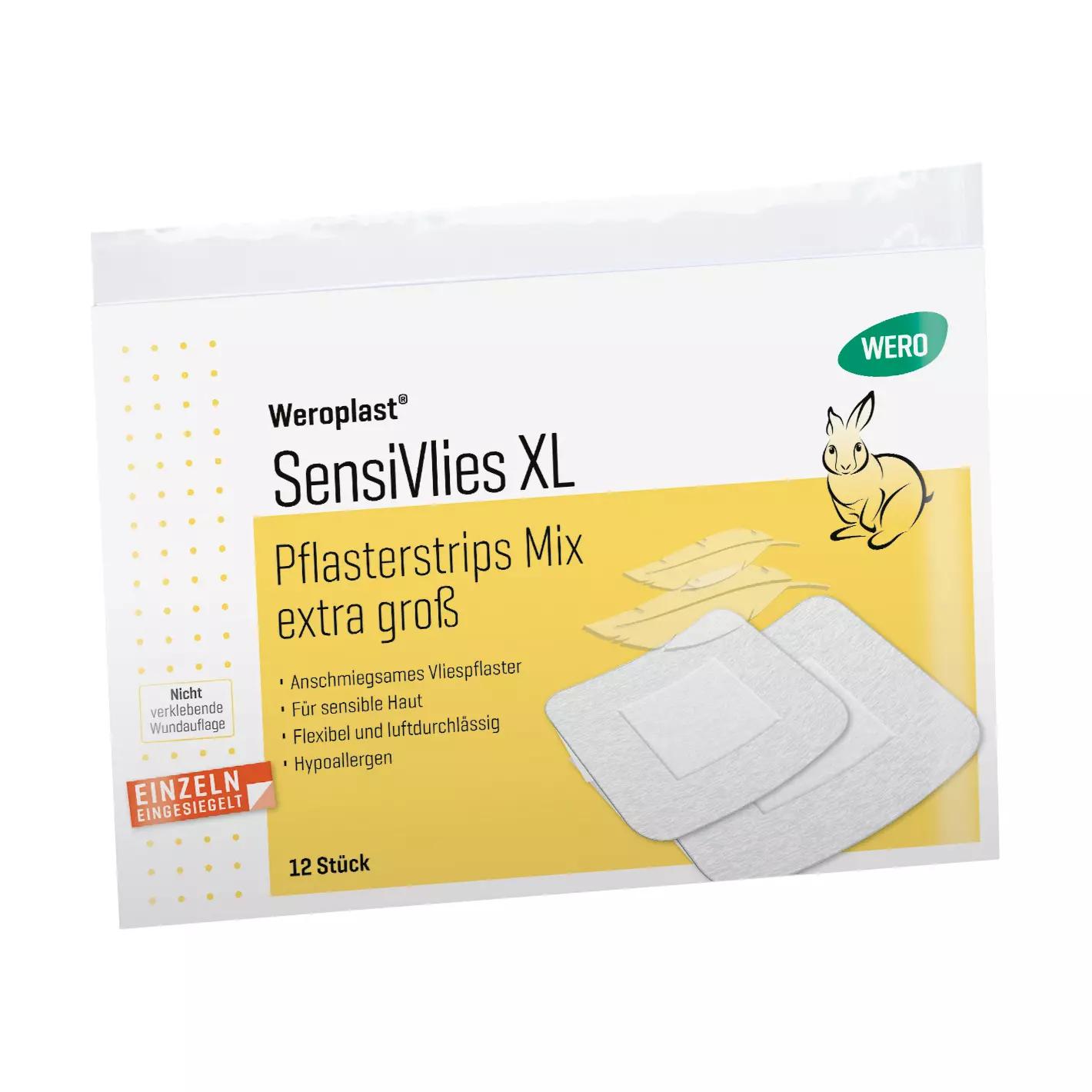 Packung Pflasterstrips Weroplast® SensiVlies XL mit 12 extragroßen, zarten Strips für sensible Haut und angenehmem Tragegefühl, Kaninchen-Motiv sichtbar.