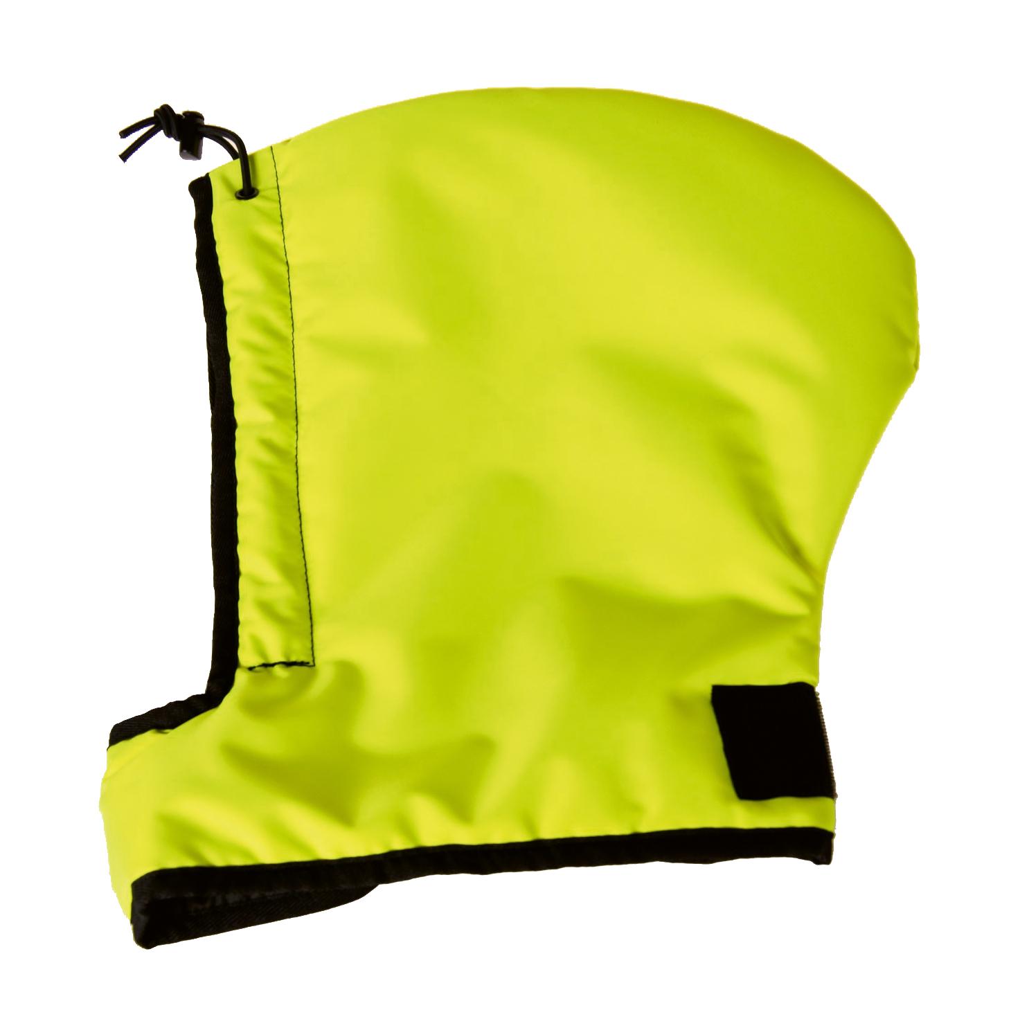 Leuchtend neongelbe Kapuze des Thermosaver Hypothermic Rescue Bag mit schwarzem Rand, abnehmbar, aus winddichtem, wasserabweisendem Polyester gefertigt.