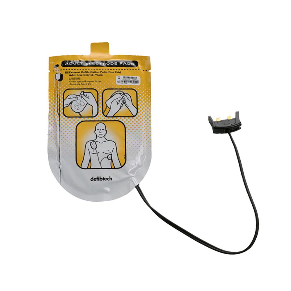 Defibtech Lifeline Elektrode für Erwachsene mit klar gekennzeichnetem Steckverbinder und anschaulichen Illustrationen zur Positionierung am Oberkörper.