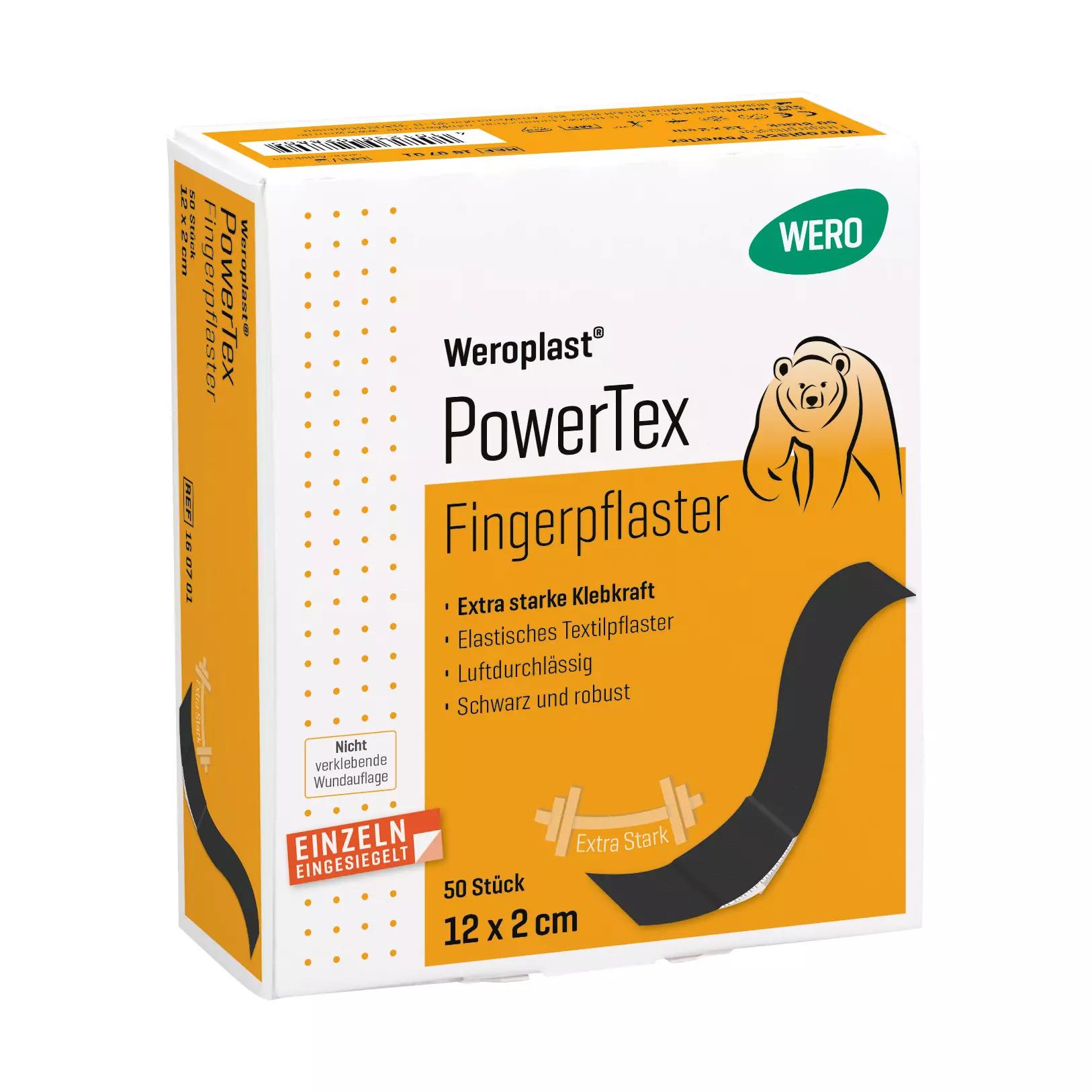 Weiße Box Fingerpflaster Weroplast® PowerTex - 2 cm, 12 cm mit gelb-oranger Banderole, 50 Stück, extra starke Klebkraft, schwarzes Gewebe.