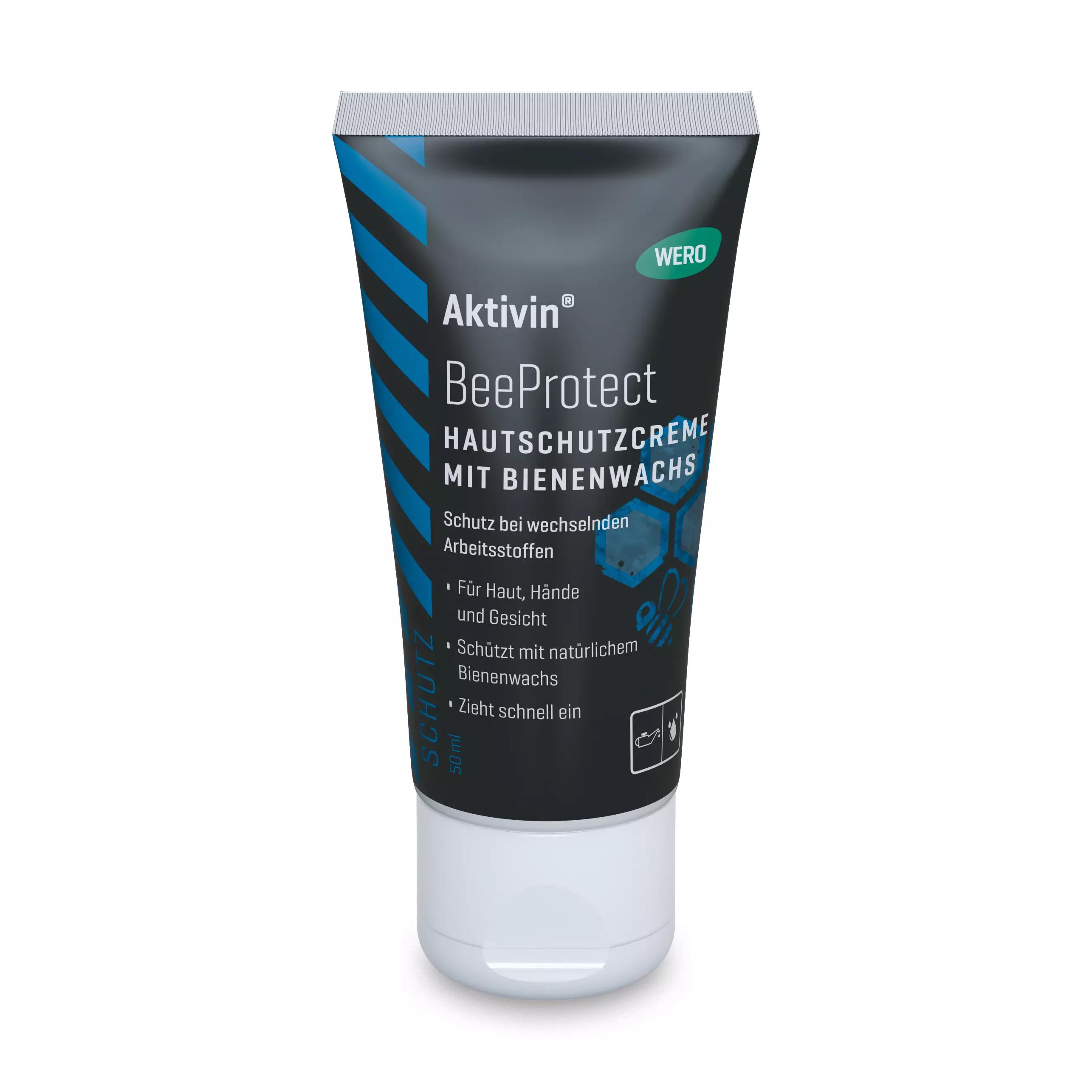 Schwarze Tube Activin BeeProt Hautschutzcreme mit Bienenwachs, weißem Klappverschluss und mehrsprachiger Produktbeschriftung.