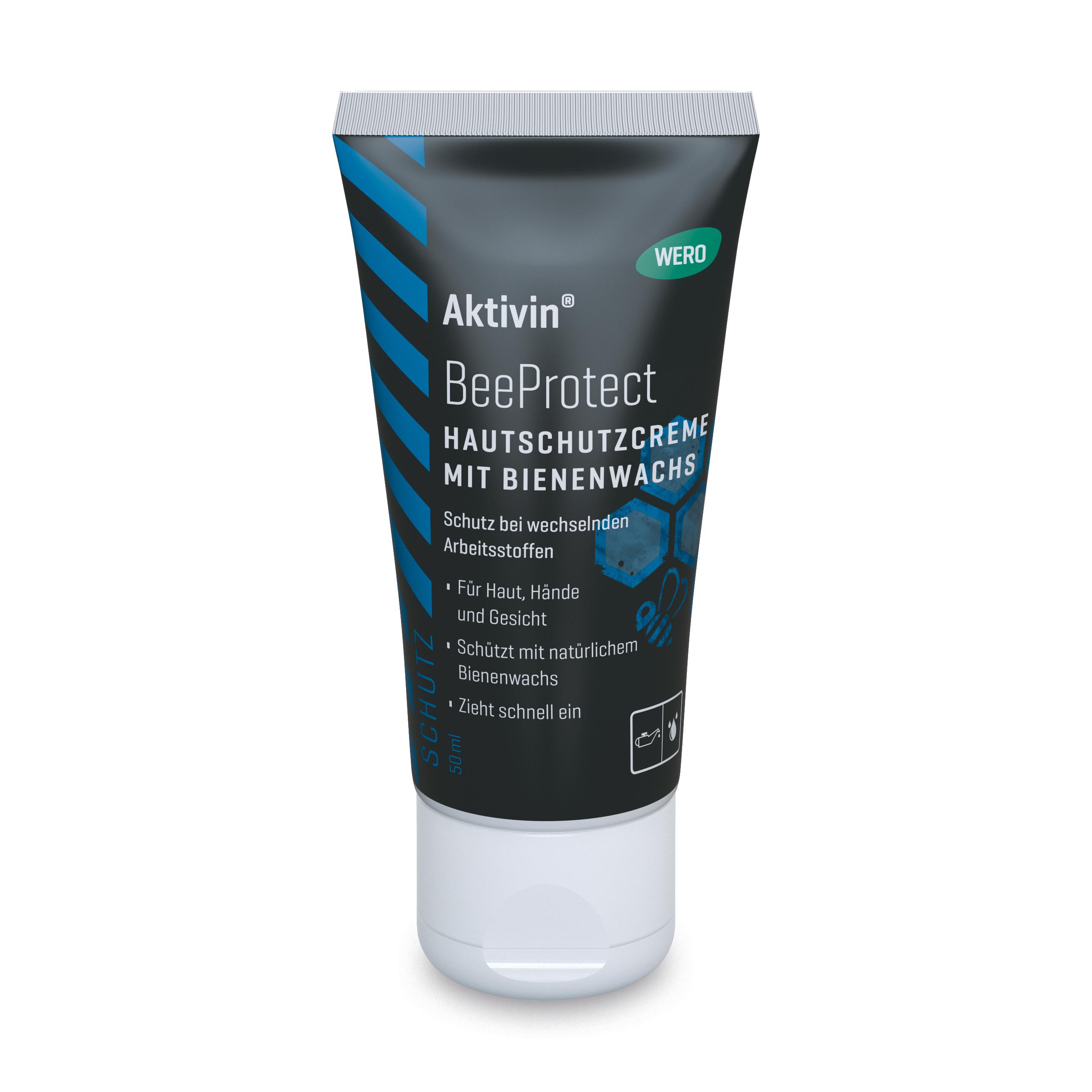 Schwarze Tube Activin BeeProt Hautschutzcreme mit Bienenwachs, weißem Klappverschluss und mehrsprachiger Produktbeschriftung.