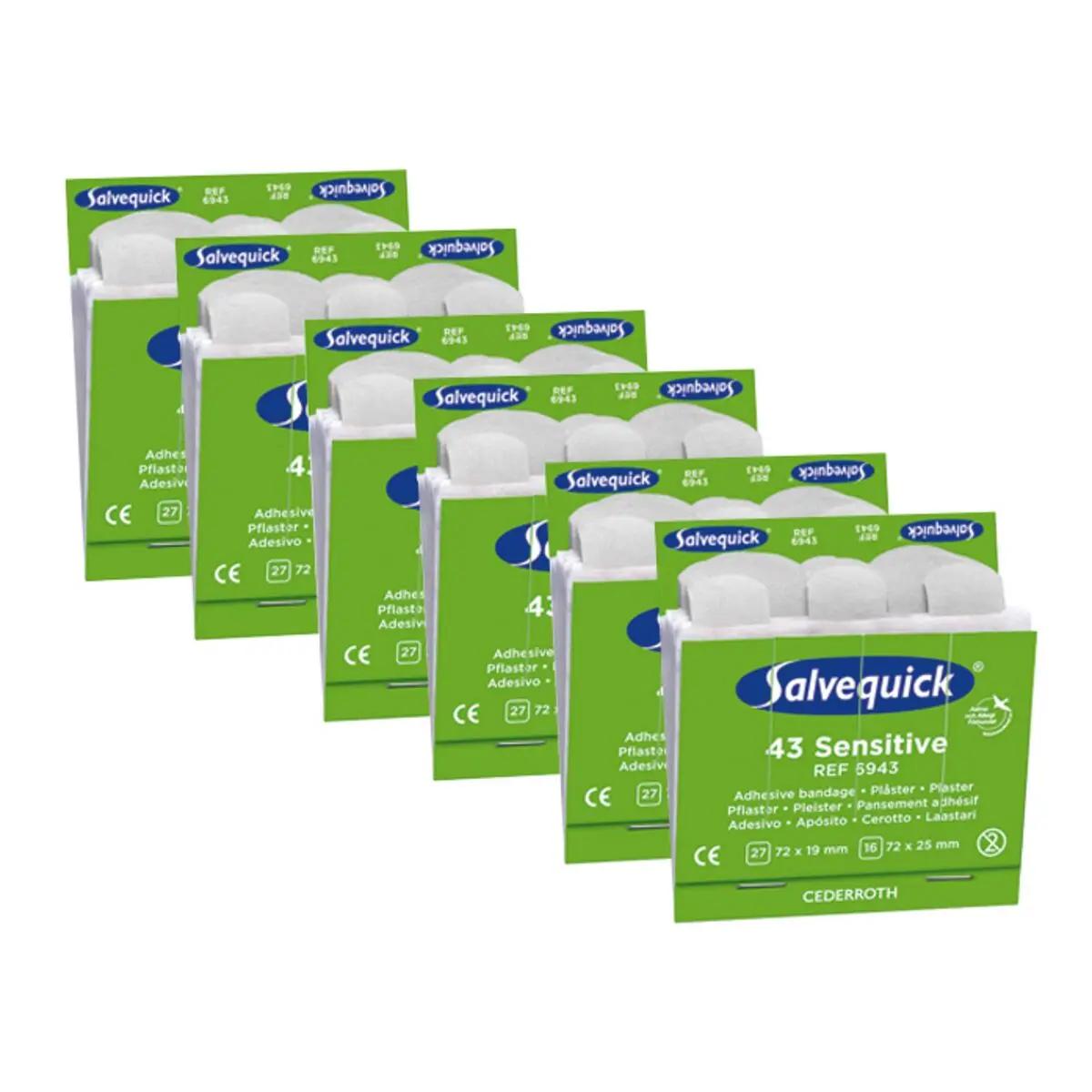 Sechs grüne Salvequick® Pflasterstrips Vlies Refill 6943 Einsätze mit weißem Inhalt, nummeriert, liegen nebeneinander für die einfache Entnahme.